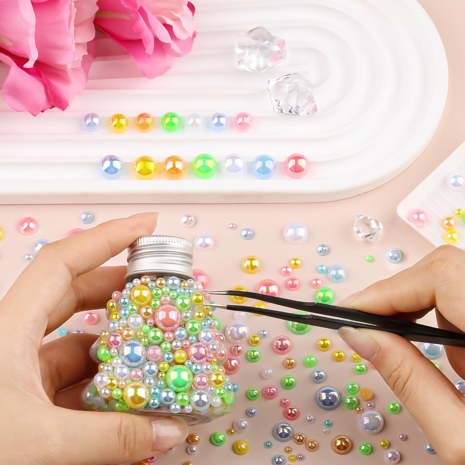 100g Flatback Pearls for Crafts,Assorted Sizes Half Round Pearl Beads Rhinestones for Nails,Pearl Flatback Resin Cabochons Beads for DIY Crafts Decoration (Youthful Series)