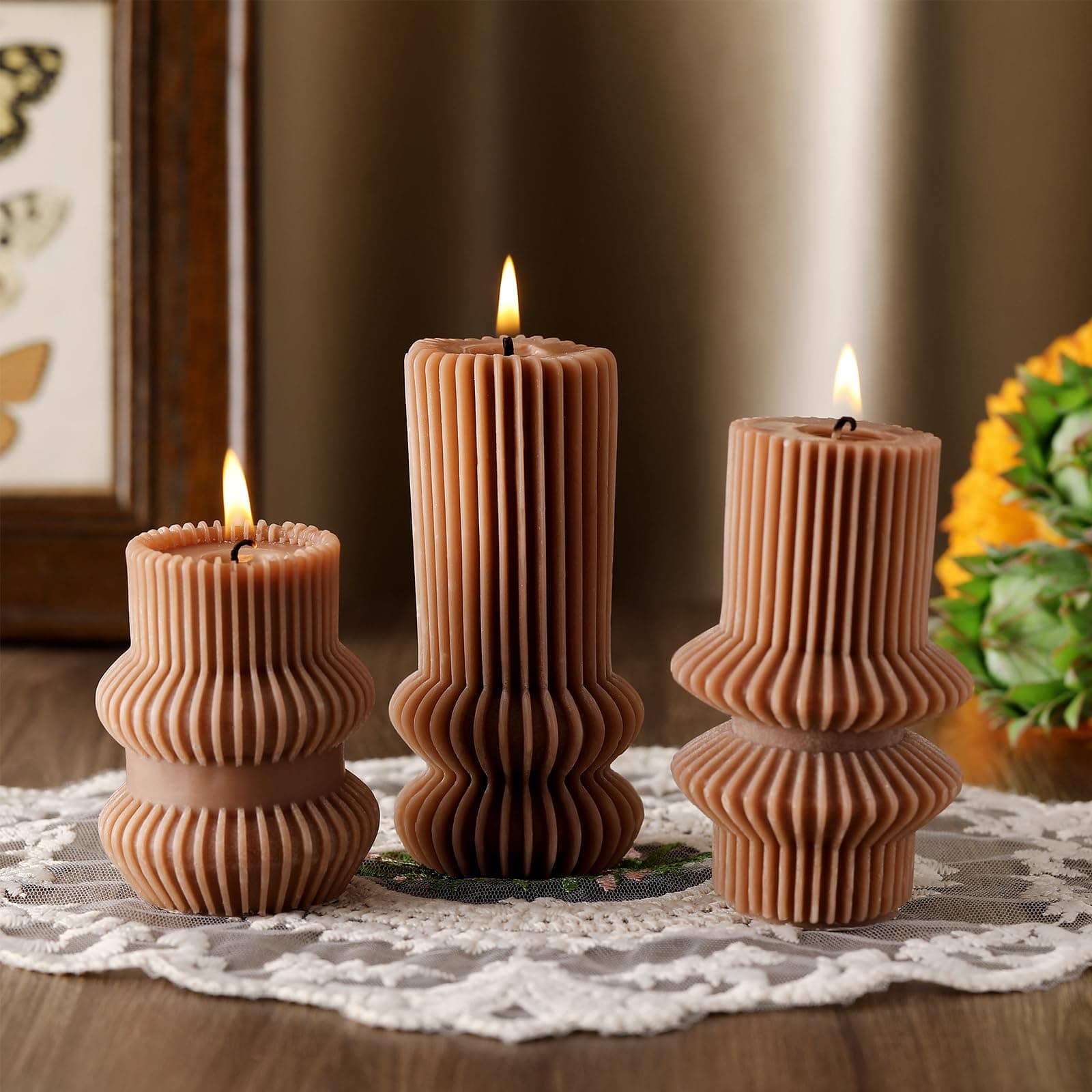 MTLEE 3 Pcs 4.7, 4.2, 3.2 in Height, Small Ribbed Pillar Candles Scented Aesthetic Modern Decorative Soy Wax Candles for Wedding Dinner Christmas Home Decor(Brown)