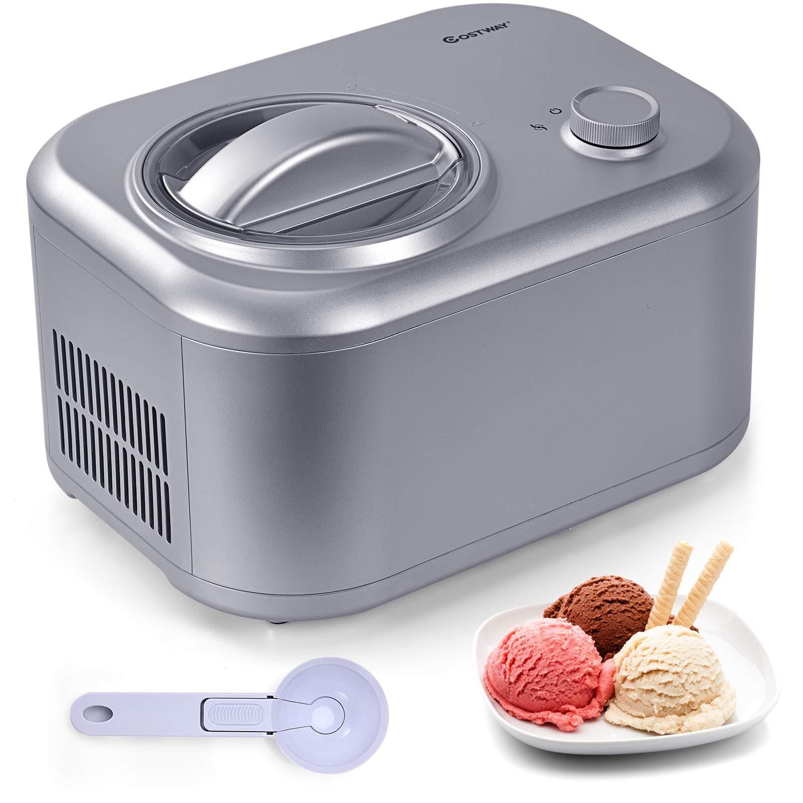 COSTWAY Ice Cream Maker, 1.1-Quart Automatic Electronic Gelato Maker with 3 Operation Modes, Built-In Compressor, Portable Homemade Dessert Maker with Spoon, Ice Cream Machine for Home, Dorm (Silver)