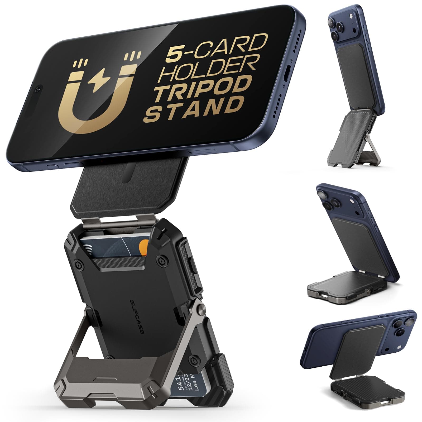 Magnetic Mobile Holder with Card Wallet with RFID Blocking, [Suitable for 5 Cards] [Adjustable Holder] for iPhone 17/16/15/14/13/12 Series, Black, 3.94 x 0.63 x 2.79 inches, Modern