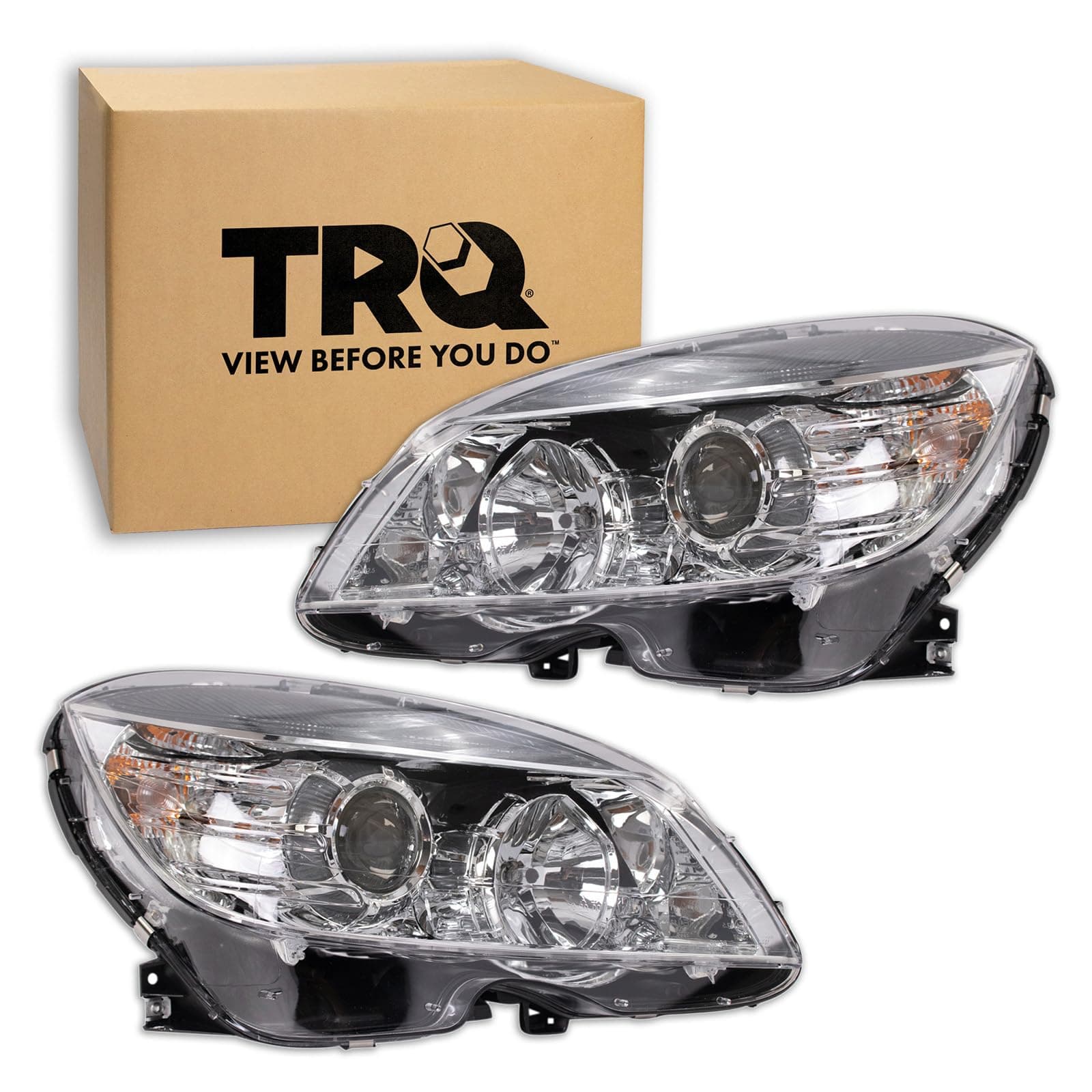 TRQ Left and Right Headlight Assembly Set Compatible with 08-11 Mercedes-Benz C300 C350 09-11 C63 AMG 08 C63 AMG from 02/09/07 Halogen Only