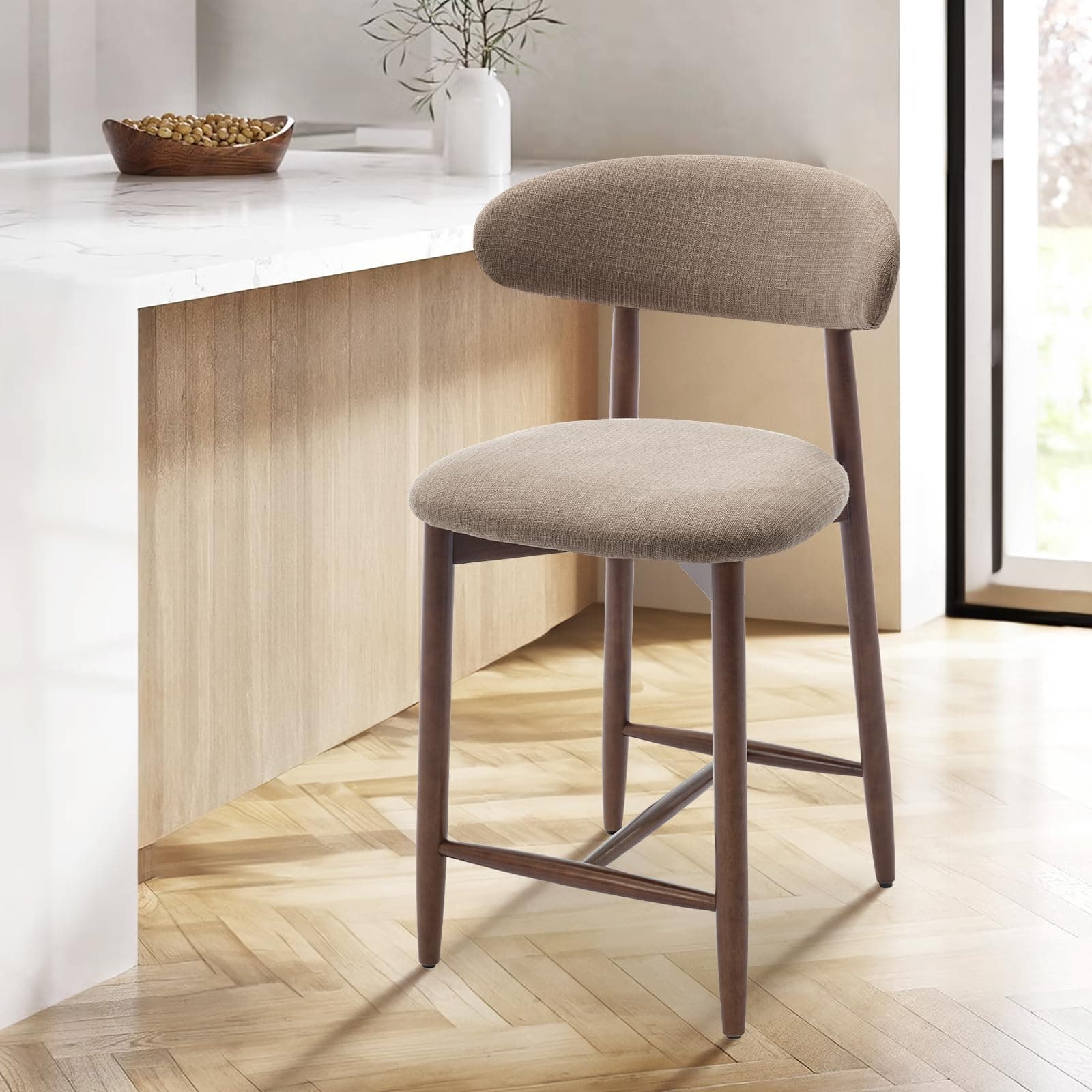 COLAMY Bar Stools with Back, Counter Height Bar Stools, Upholstered Counter Stools with Wood Legs for Kitchen Island Dining Room Bar, Camel