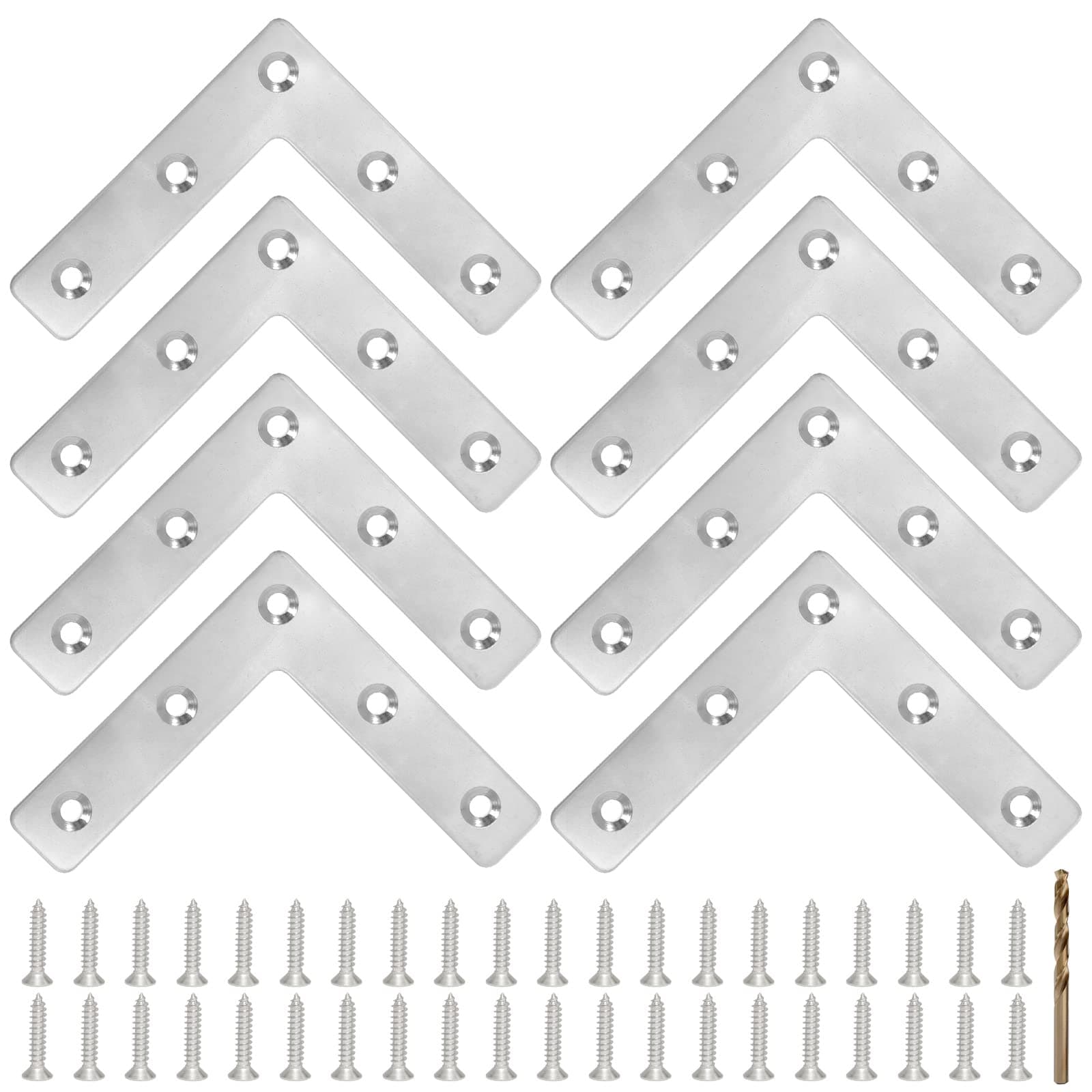 8PCS 3.23” x 3.23” L Shape Flat Metal Frame Bracket, 90 Degree Right Angle Corner Brace, Stainless Steel Mending Plate for Wood with 40PCS Screws