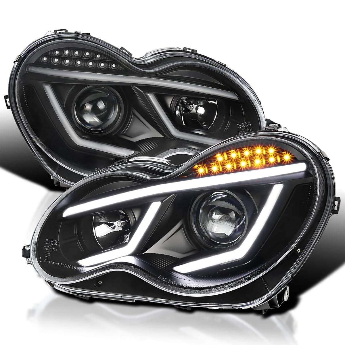 Black LED Projector Headlights Compatible with 2001-2007 Mercedes-Benz W203 C-Class Sedan, Left + Right Pair Headlamps Assembly