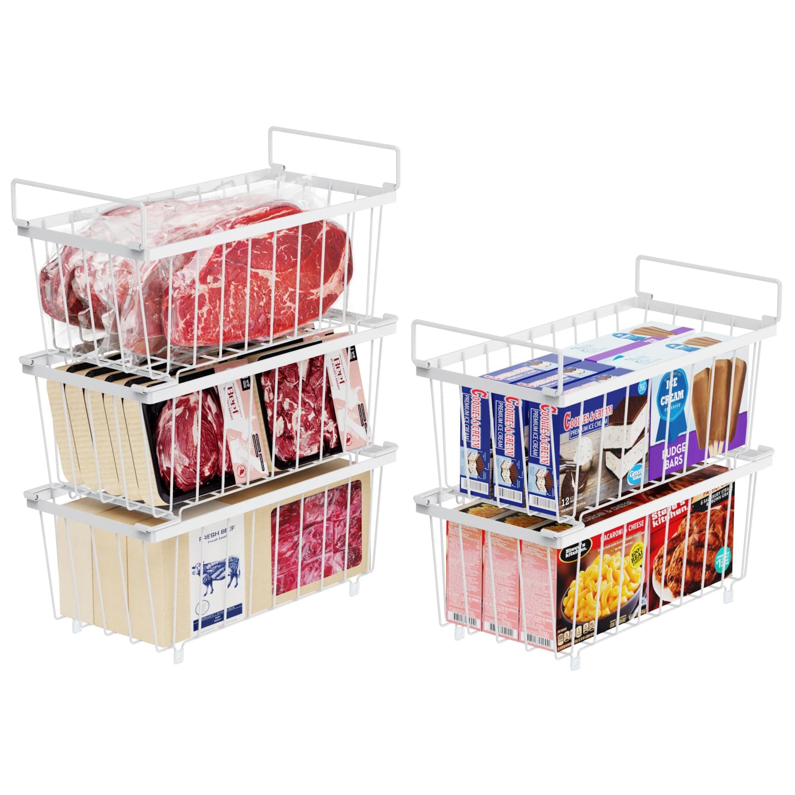 iSPECLE Chest Freezer Organiser - 5 Pack Stackable Freezer Baskets for 198L Deep Freezer Easily Sort and Get Frozen Food with Handles Freezer Organiser Storage Wire Baskets Add Extra Space, White