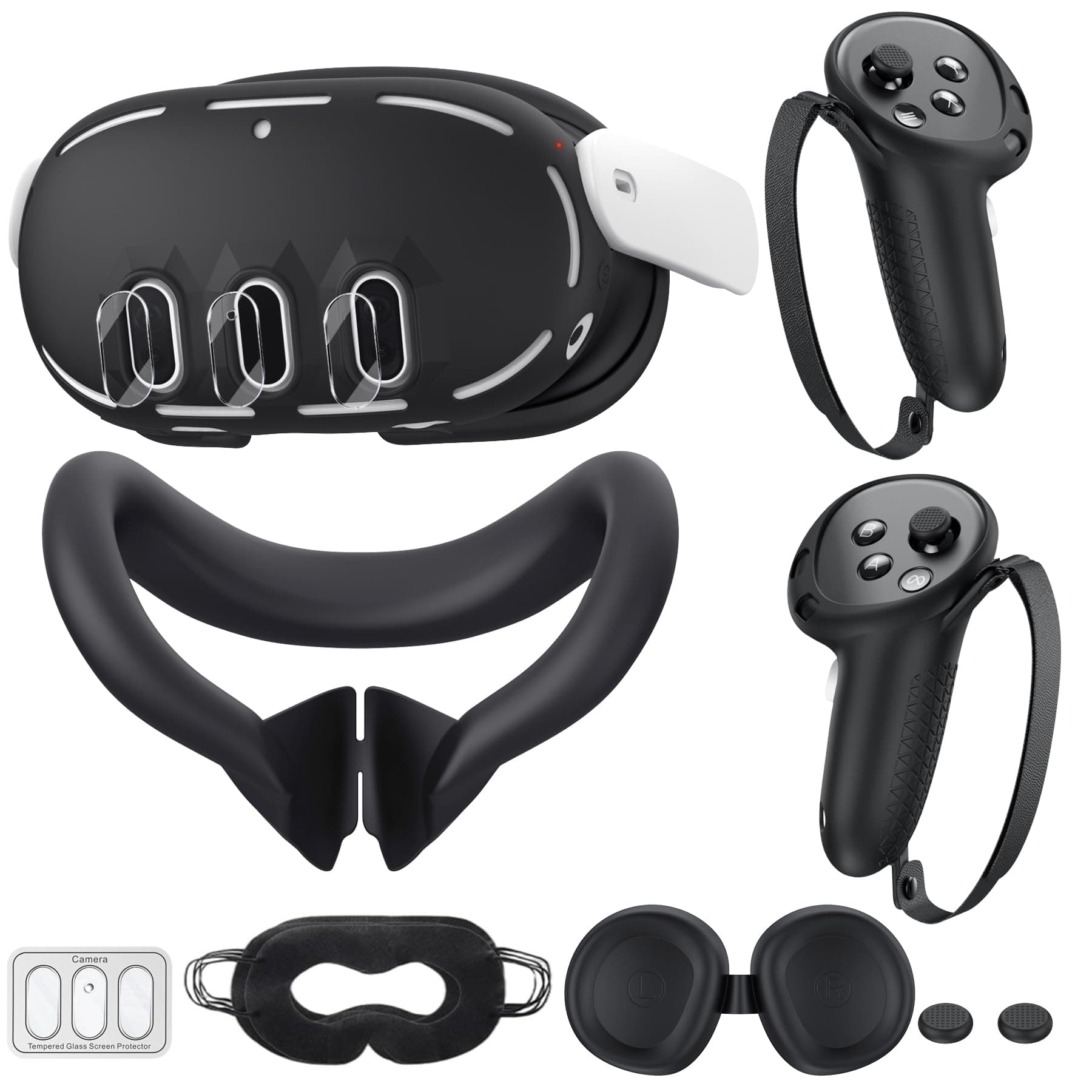 Compatible with Oculus Quest 3 Accessories, VR Silicone Face Cover, VR Shell Cover,Touch Controller Grip Cover,Camera Lens Protector Set (Black)
