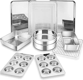 Bakeware Sets of 11, Stainless Steel Baking Pans Set, Includes Baking Sheets and Rack, Lasagna Pan with Lid, Round/ Square Cake Pan, Muffin Pans, Loaf Pan, Reusable & Durable