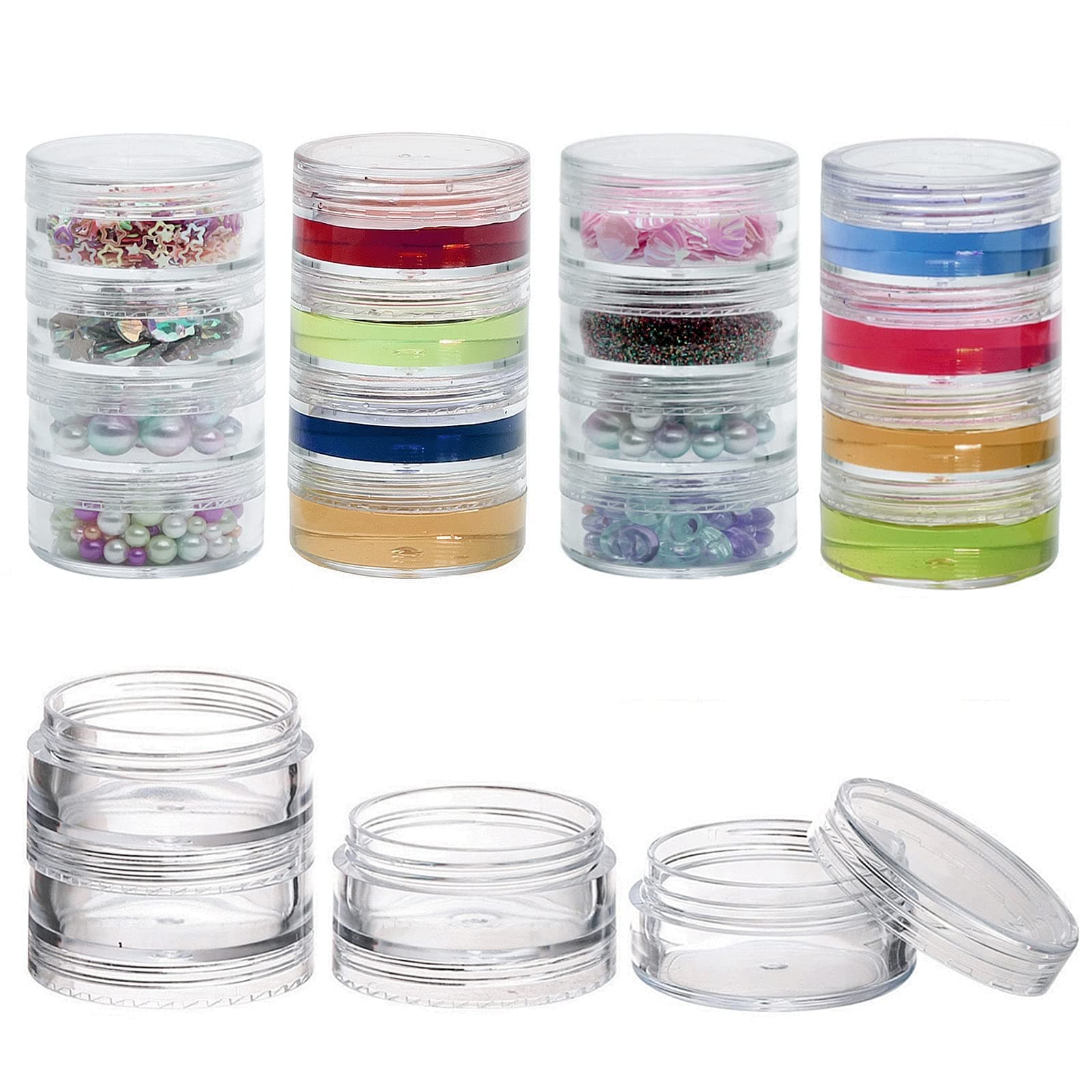 BTYMS 5 Pack(20 Pieces) Stackable Cosmetic Containers with Screw Lids and Labels，10 Grams Clear Plastic Jars Small Makeup Sample Containers for Beauty Products