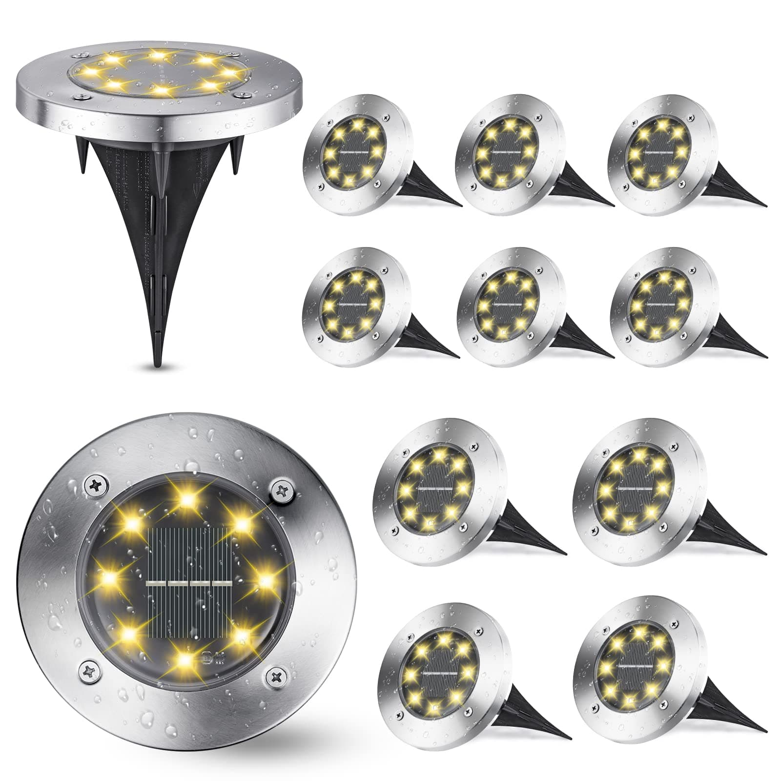 Joomer Solar Ground Lights, 12 Pack 8 LED Pathway Lights Waterproof In-Ground Outdoor Landscape Lighting Disk for Patio Pathway Lawn Yard Driveway Walkway (Warm White)