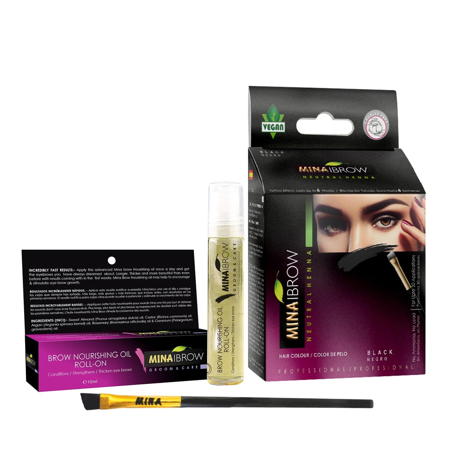 MINA ibrow Henna Professional Tint Kit With Nourishing Oil & Brush Combo Pack (Black)