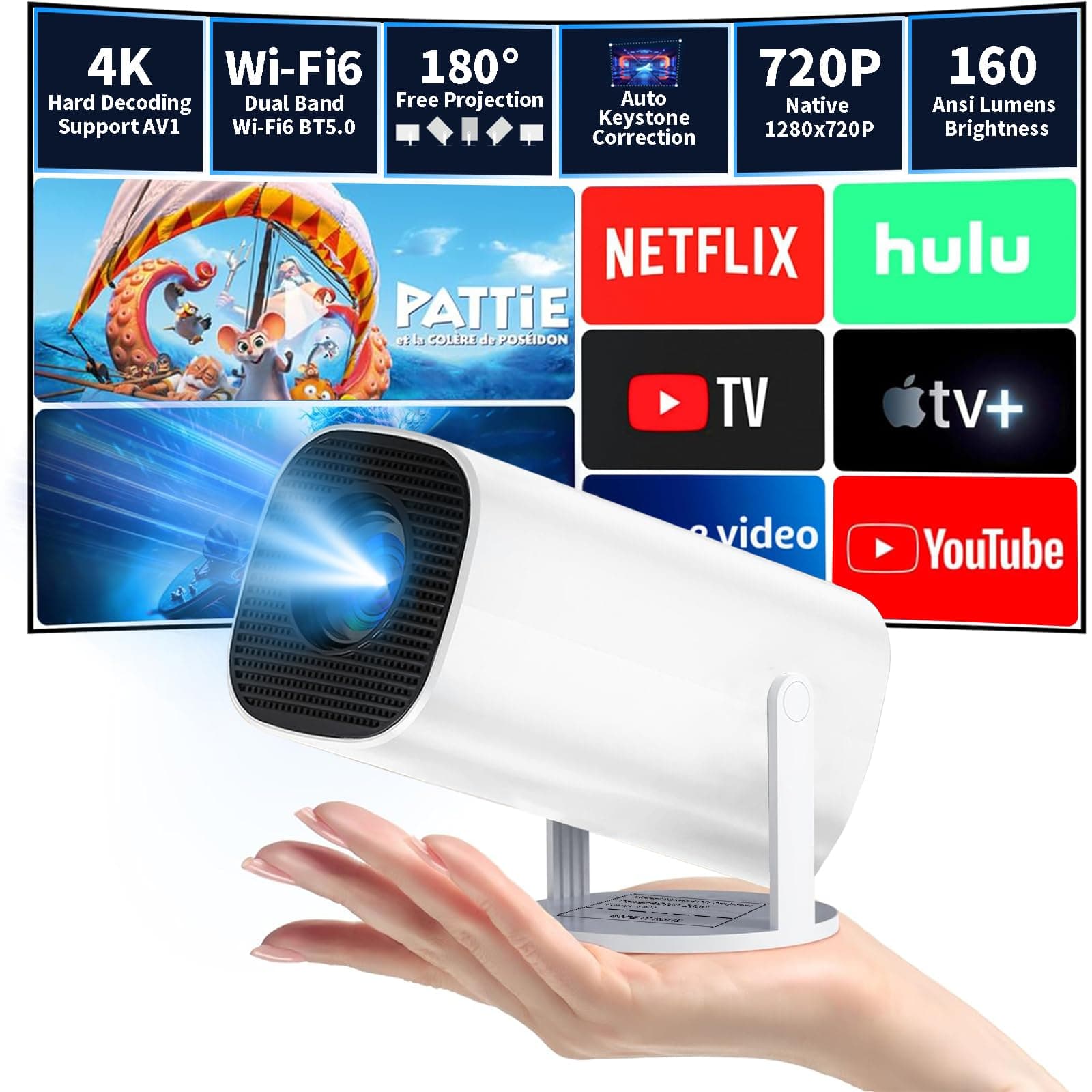 Mini Projector 4K Support, Portable Projector WiFi6 BT 5.0 Android 11, Smart Projector Auto Horizontal Correction,180°Rotatable Outdoor Movie Projector Compatible with Phone