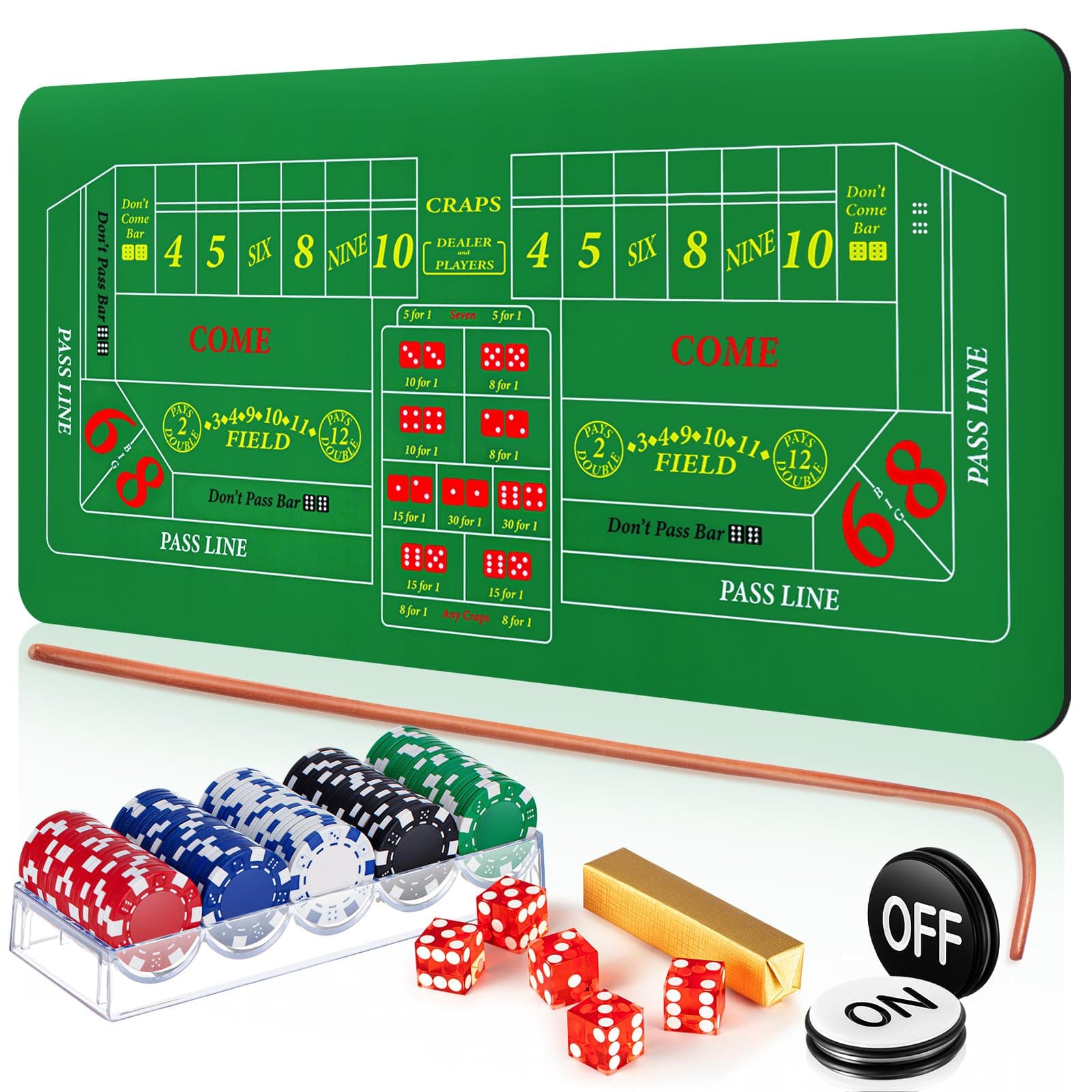 Leyndo Craps Tabletop Game Set, Includes 35" x 70" Rubber Craps Tabletop Layout Mat, 36" Rattan Stick, Casino Grade AAA 19mm Dice, 3 Inch On/Off Buttons and 100 Poker Chips with Case