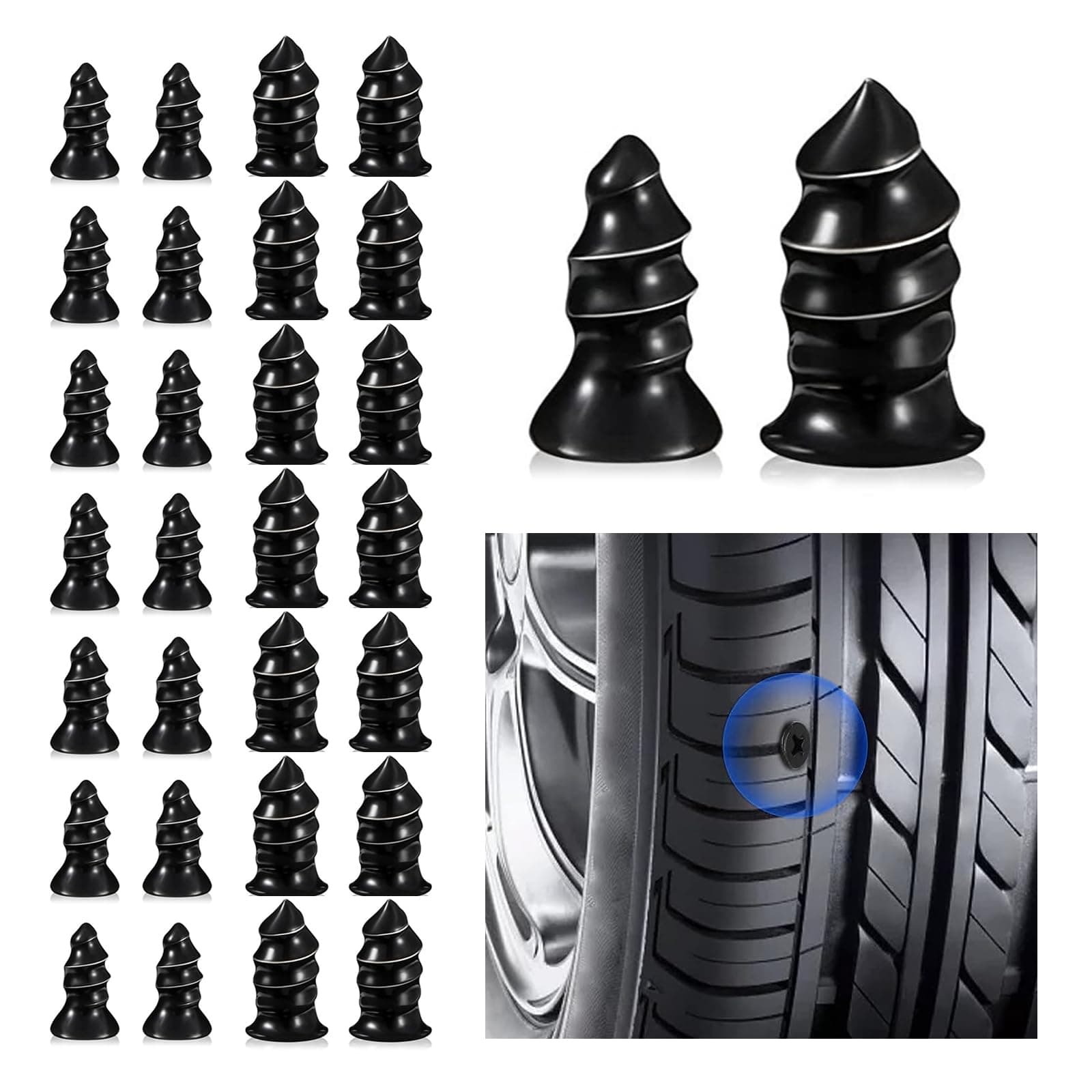 Pack-30 Car Tire Repair Screw Kit, 2 Specifications of Quick Vacuum Self-Service Tire Repair Nails, Tight Fit and Perfect Sealing Waterproof Tool, Universal for Cars Motorcycles Trucks (Black)
