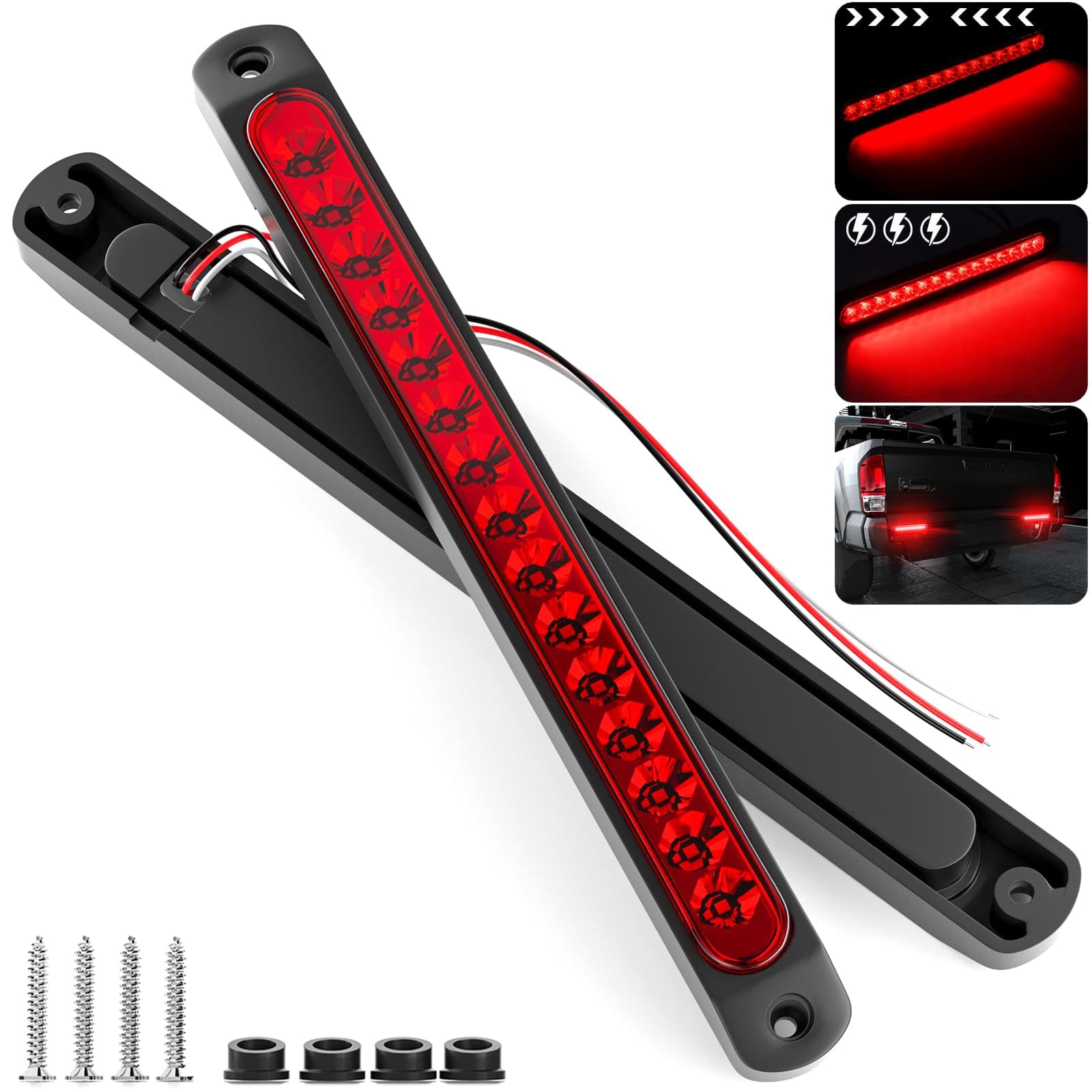PSEQT 10" 15 LED Trailer Brake Tail Light Bar Stop Change Tail Lights Assembly ID Clearance Strip Red Light Waterproof for Wrangler Golf Cart Offroad Truck RV UTV ATV