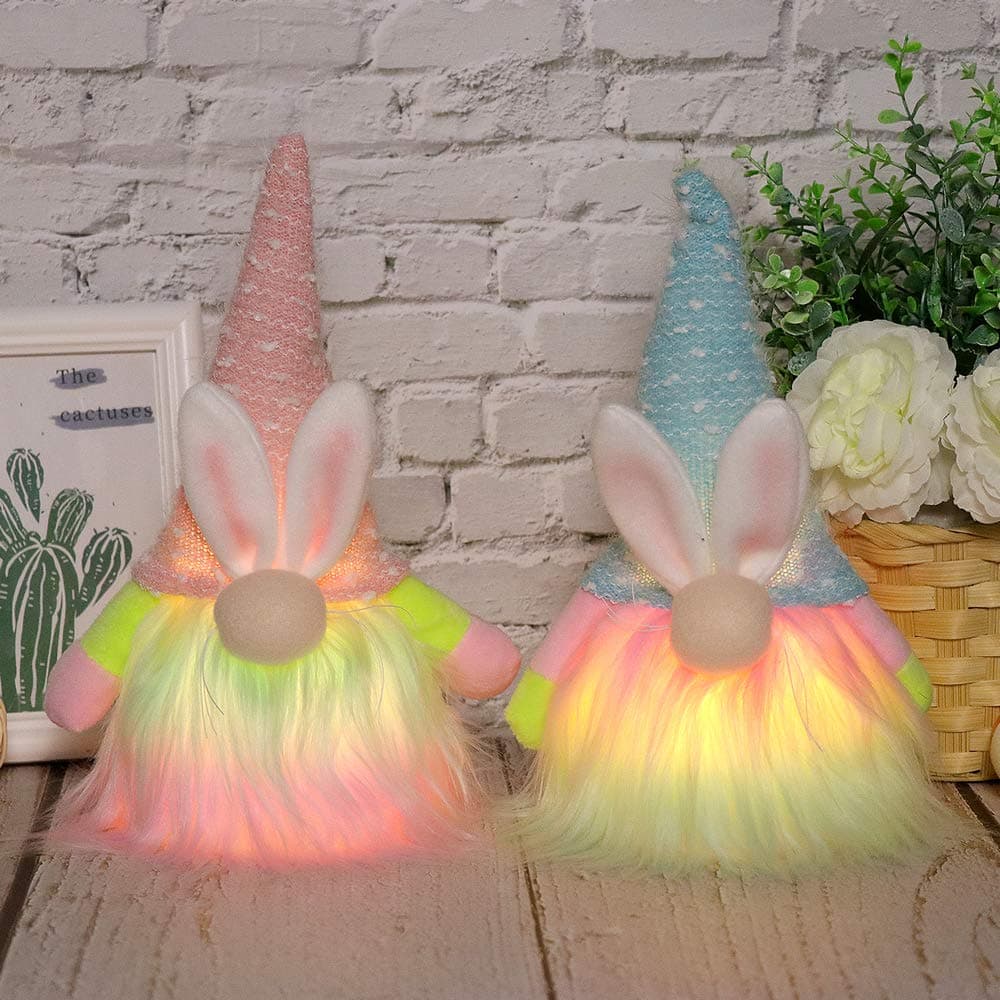 XAMSHOR Handmade Easter Gnomes Bunny Gnomes Tomte with Light, Plush Elf Scandinavian Santa with Bendable Hat for Home Table Decorations Gift, 10.5Inch Tall, Set of 2