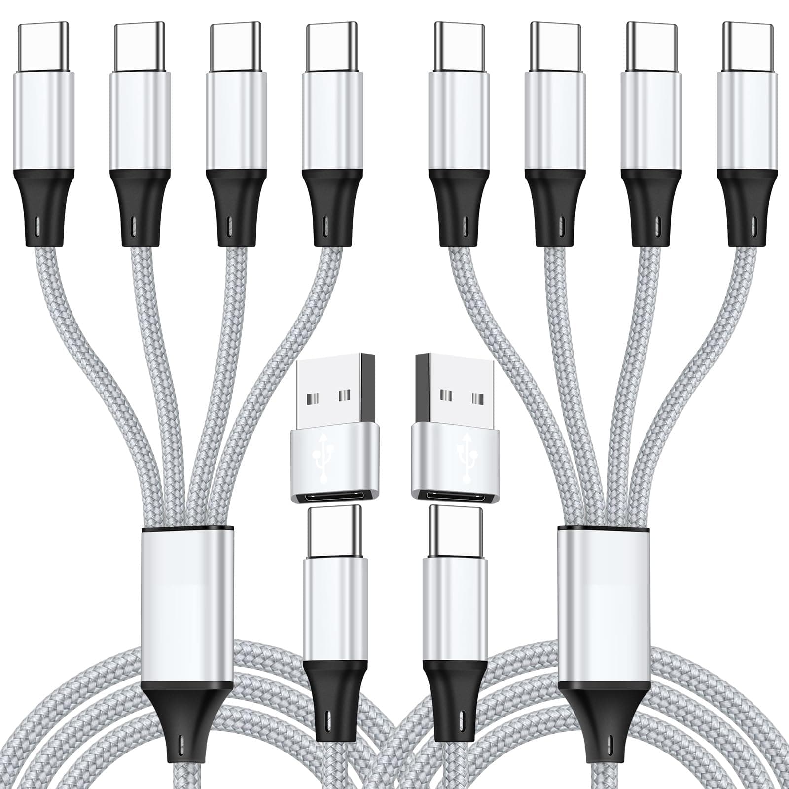 USB C Splitter Multi Charger Cable,USB A/C to USB C PD & QC 3.1A Fast Charging[2Pack 1.2m], 4 in 2 Multi Charger Cord, with 4 Type-C Connectors Compatible with Cell Phones Tablets and More