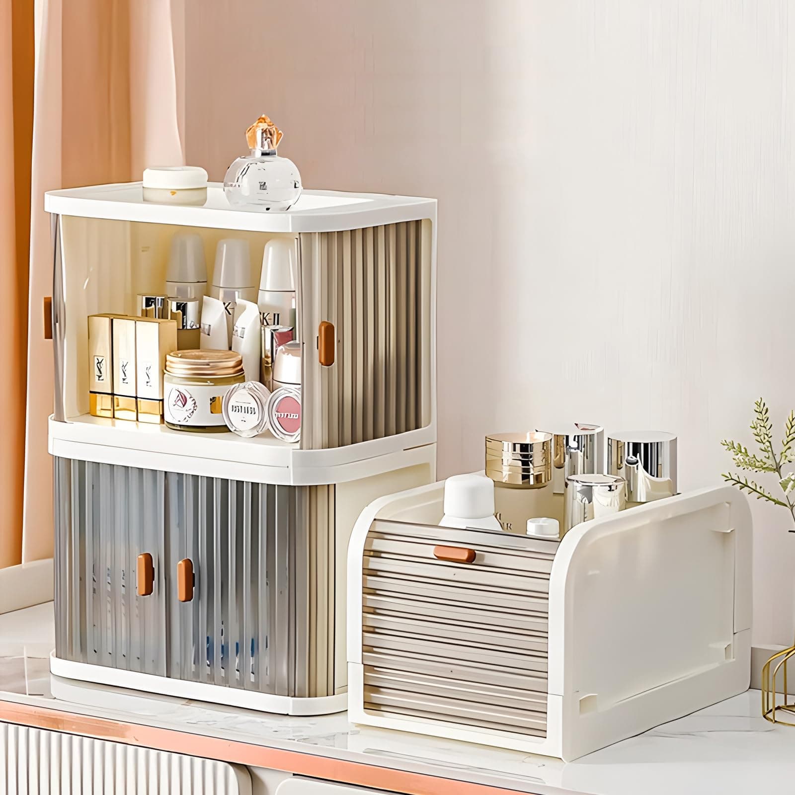 NBLE 2 Pack Desk Small Storage Box,Stackable Storage Boxes with Doors,Collapsible Storage Bins with Lids,Plastic Small Desktop Organizer for Desk Storing Office Supplies,Medicine,Makeup Organizer