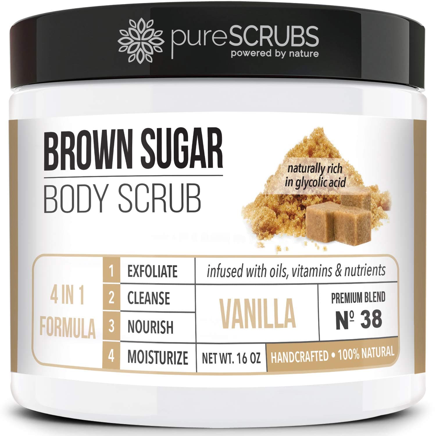 Premium Vanilla Brown Sugar Scrub | Face, Feet & Full Body Scrub | Large 16oz Jar Includes Wooden Spoon, Loofah & Mini Exfoliating Bar Soap
