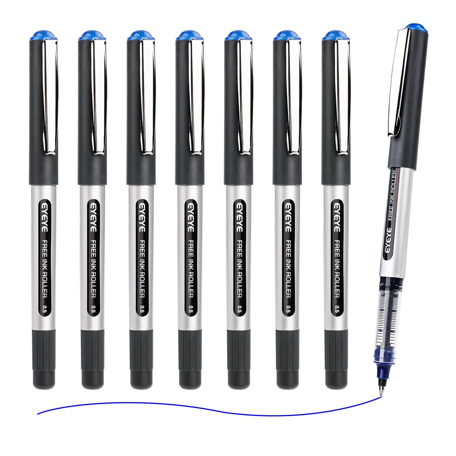 Blue Ink Rollerball Pens Extra Fine Point Quick Dry, 8 Pack 0.5mm Liquid Ink Pen Fine Point Smooth Writing Pens for Journaling, Note Taking, Office, School Supplies