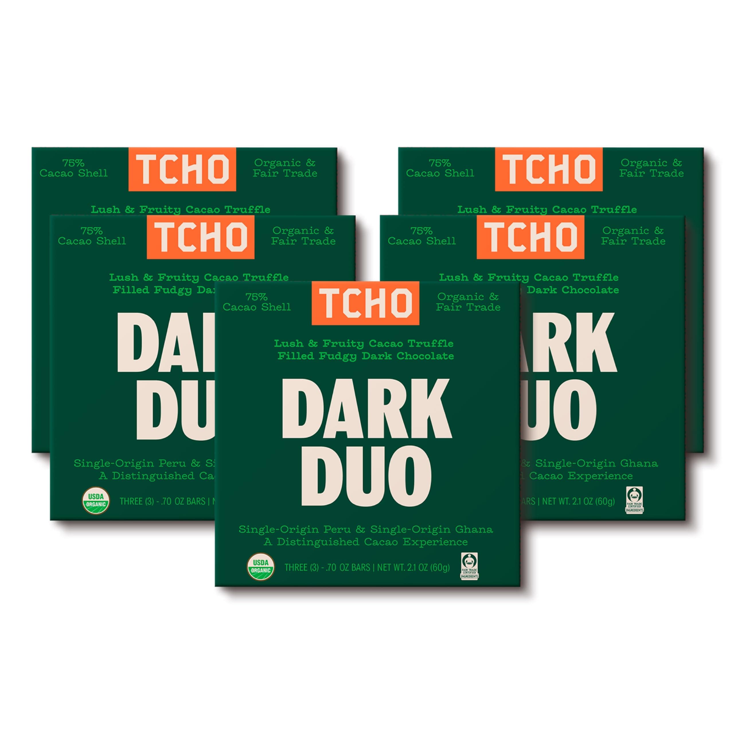 TCHO Dark Duo 75% Dark Chocolate Bars (5 pack) | Plant Based, Organic & Fair Trade | Non GMO, Non-Dairy, Vegan Chocolate, Soy Free (2.1oz each)