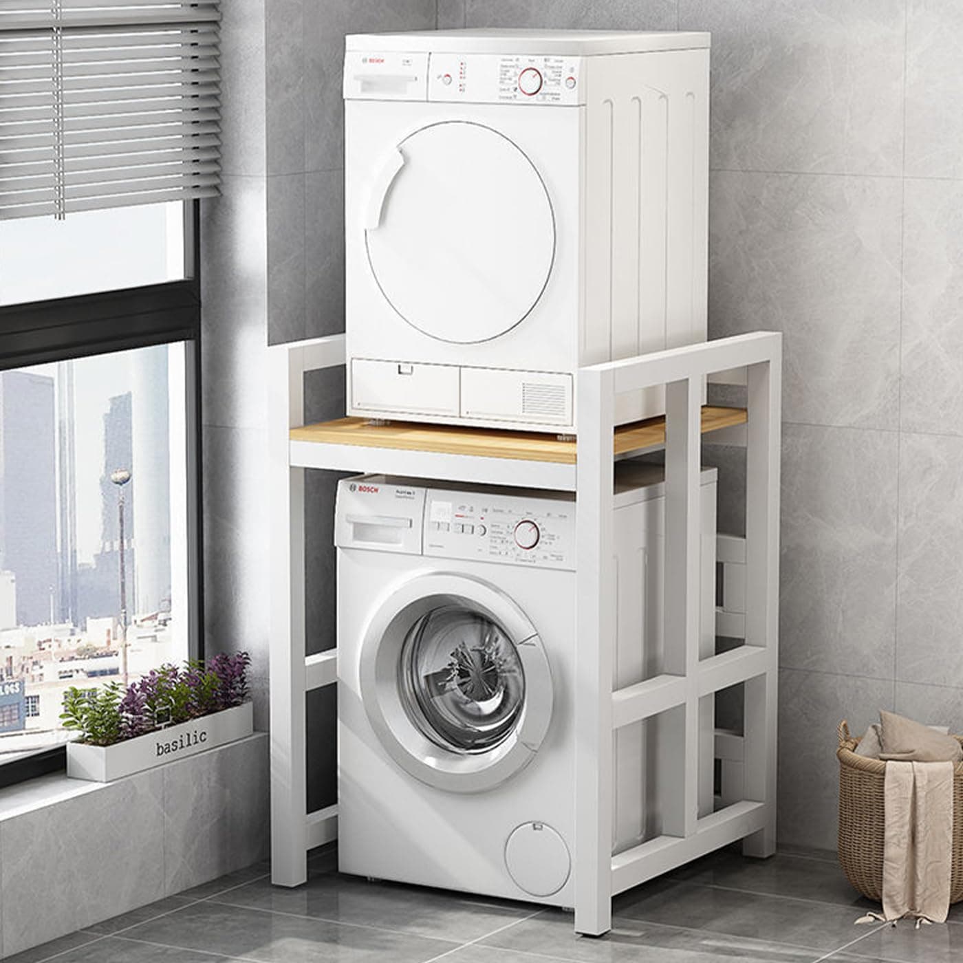 Stackable Washer Dryer Standing Rack Shelf, Steel Washer Dryer Machine Stacking Rack Stand Wooden Washing Machine Shelf Heavy Duty Space Saving for Bathroom Laundry Room