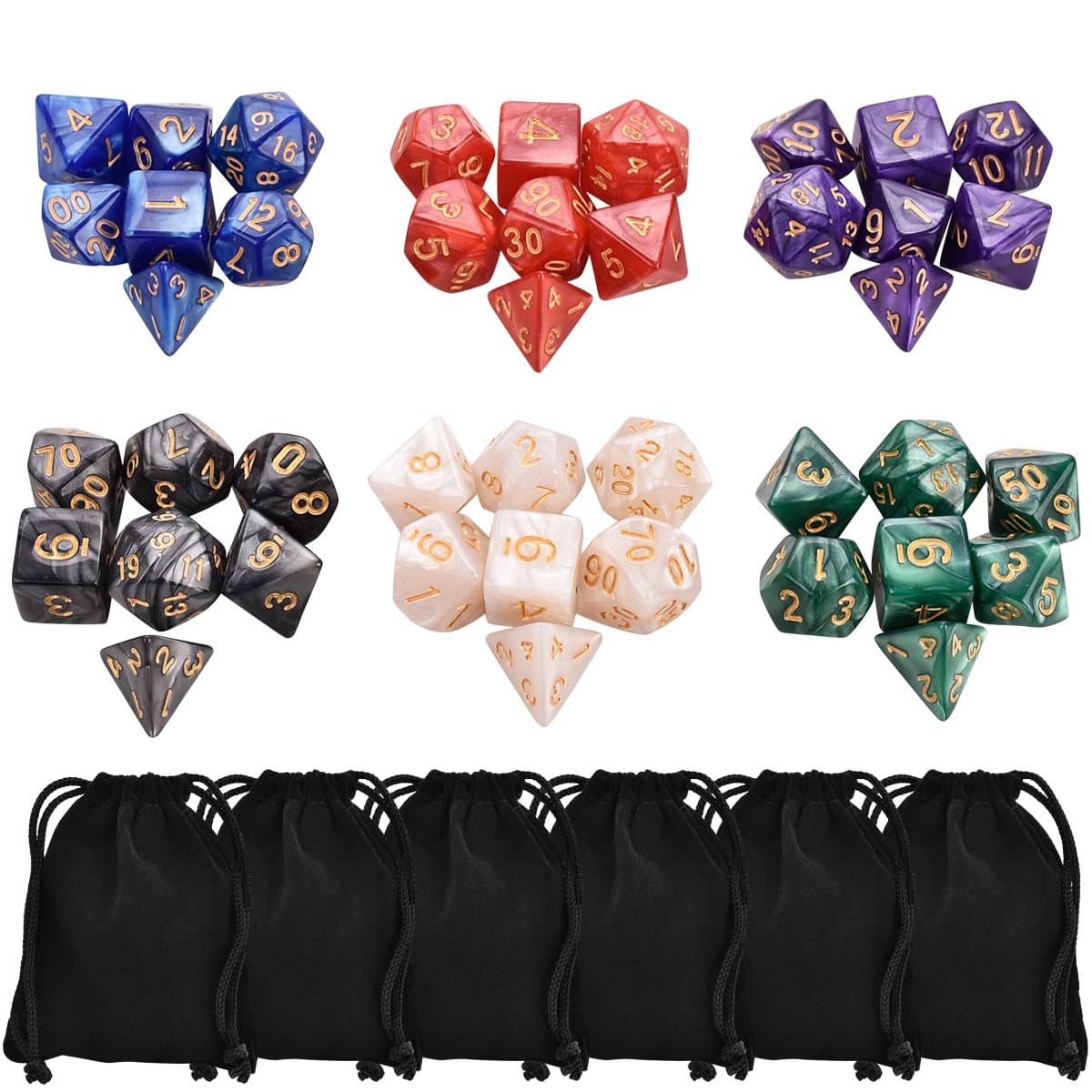 SanGlory 6 x 7 Dice Sets(42 Pieces) Polyhedral Dice with Free Dice Bag for Dungeons and Dragons DND RPG MTG Table Games D4 D8 D10 D12 D20