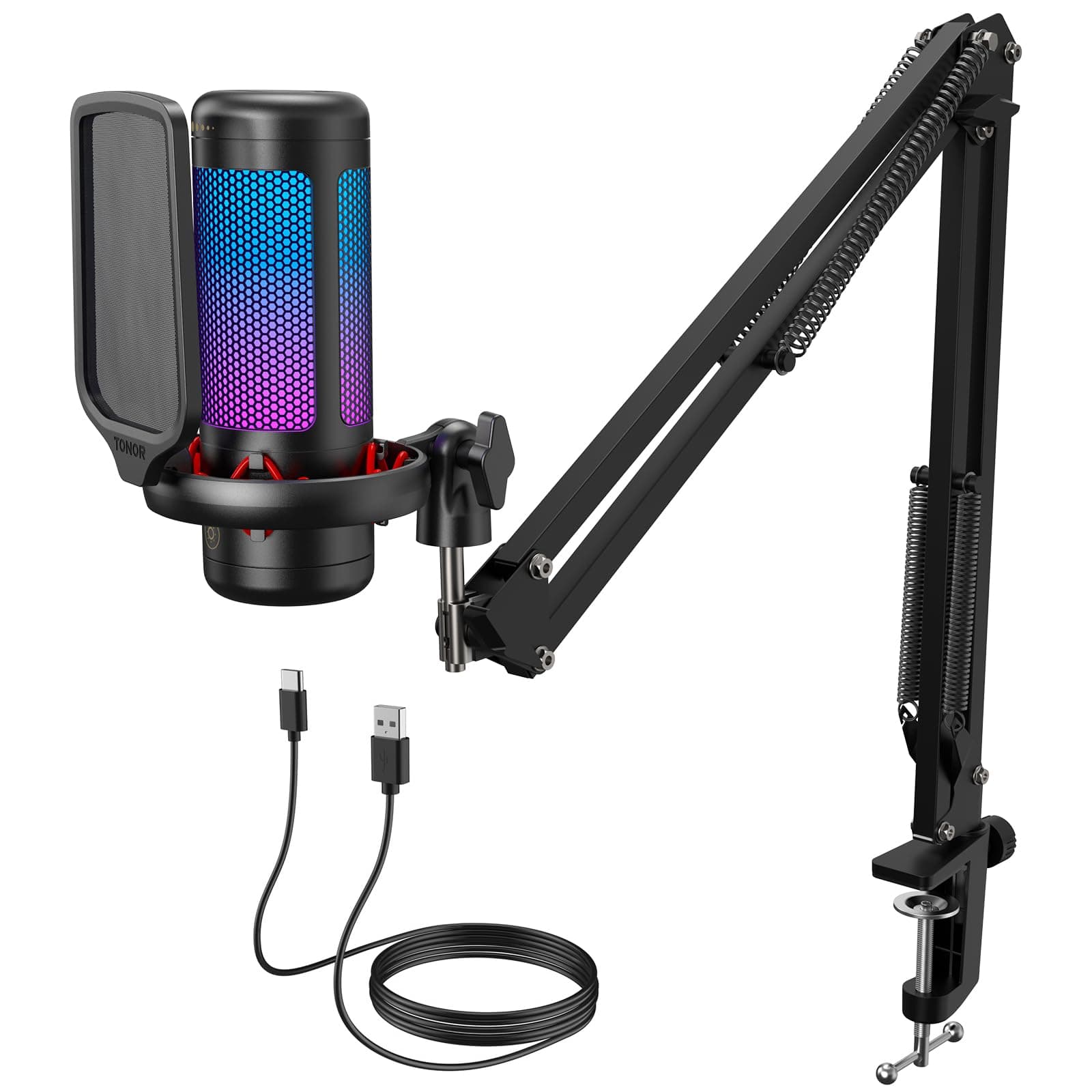 TONOR Gaming USB Microphone with Adjustable RGB Modes & Brightness, Condenser PC Mic with Boom Arm for Streaming Podcast Recording Studio Singing Youtube Compatiple with Computer/Laptop/Mac/PS4 TC310+