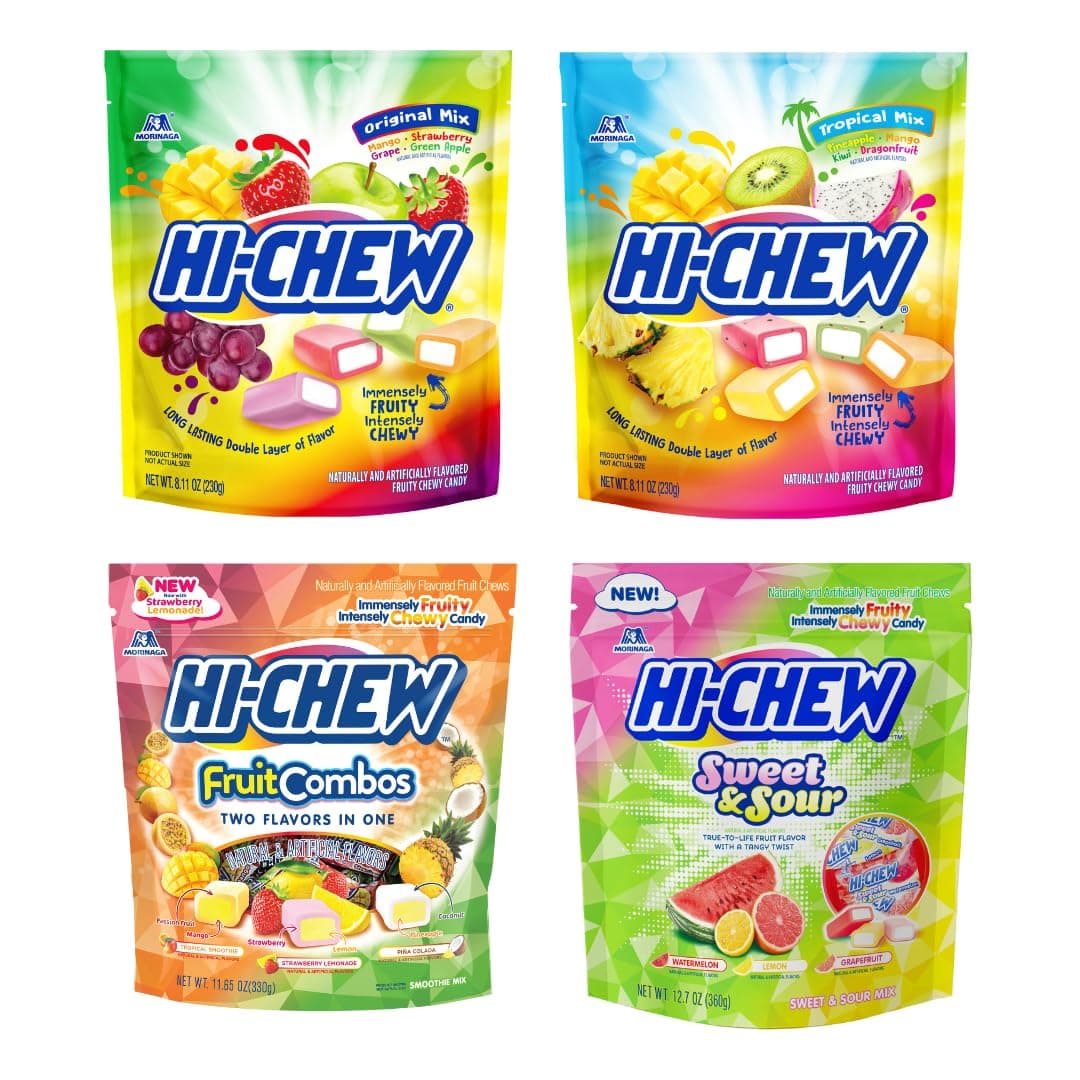HI-CHEW Variety Mix Bulk Easter Candy, 220+ Pieces, 4 Stand Up Pouches - Tropical Fruit Combos Sweet & Sour, Chewy Fun Soft Candy Variety Pack - Immensely Juicy Fruity Flavors - Individually Wrapped