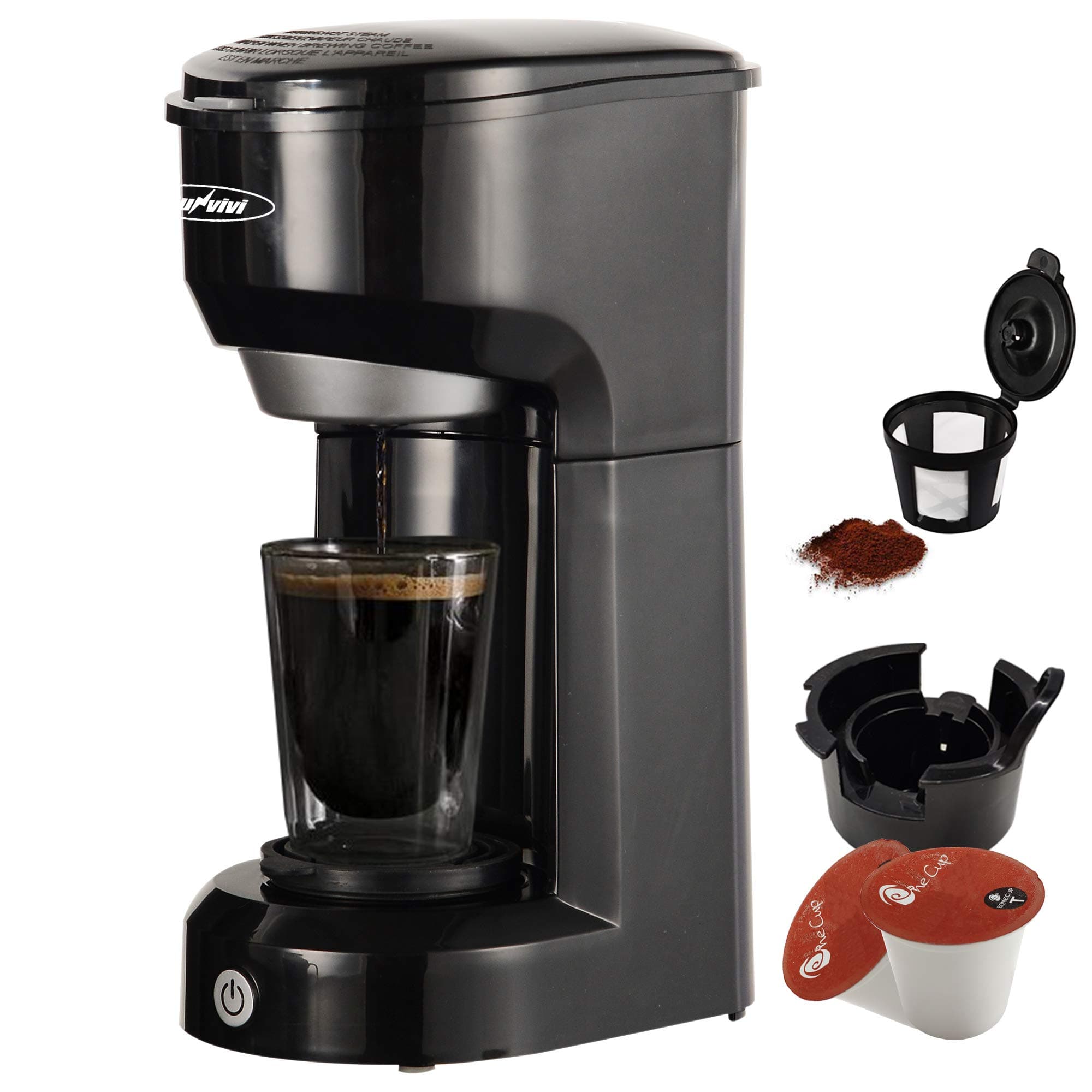 Single Serve Coffee Maker Brewer for Single Cup, K-Cup Coffee Maker With Permanent Filter, 6oz to 14oz Mug, One-touch Control Button with Illumination (Black)