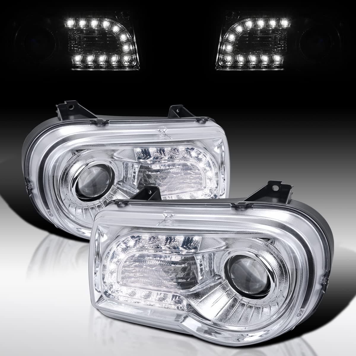 Autozensation Compatible with 2005-2010 Chrysler 300C/300C AWD/HEMI/SRT-8, Left + Right Pair Headlamps Assembly, LED Chrome Projector Headlights