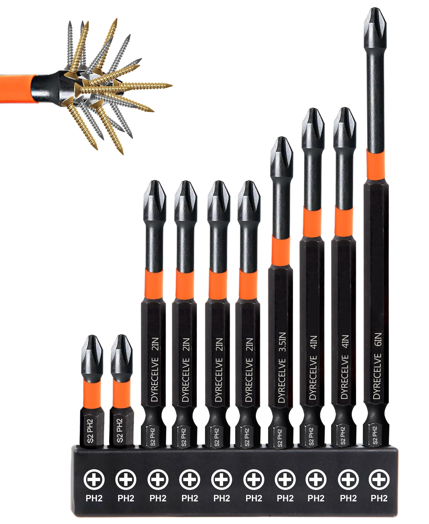 10-Pack Phillips Bits #2 Impact Magnetic, 1-Inch to 6-Inch Long Phillips Head Drill & Screwdriver Bits, PH2 Premium S2 Steel 1/4" Hex Shank for Impact Drivers, Professional & DIY Use