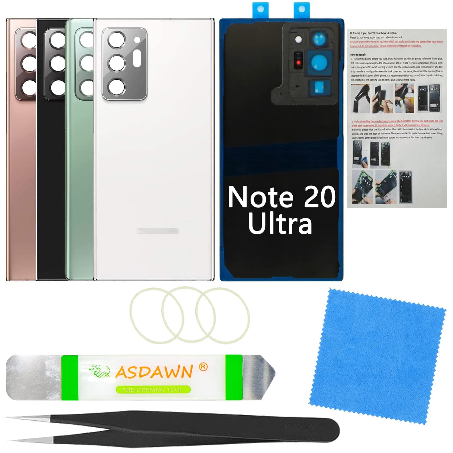 Galaxy Note 20 Ultra Back Cover Glass Replacement with Pre-Installed Camera Lens+ Installation Manual+ Repair Tools for Samsung Galaxy Note 20 Ultra SM-N985 All Carriers (Mystic White)