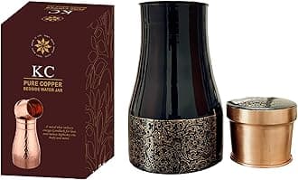 KC Pure Copper Designer Copper Water Bottle | Pitchers | Water Jug | Bedroom Jar | Bedside Bottle Carafes with Tumbler/Glass with Lid | with Etching Print Design 1250 ML