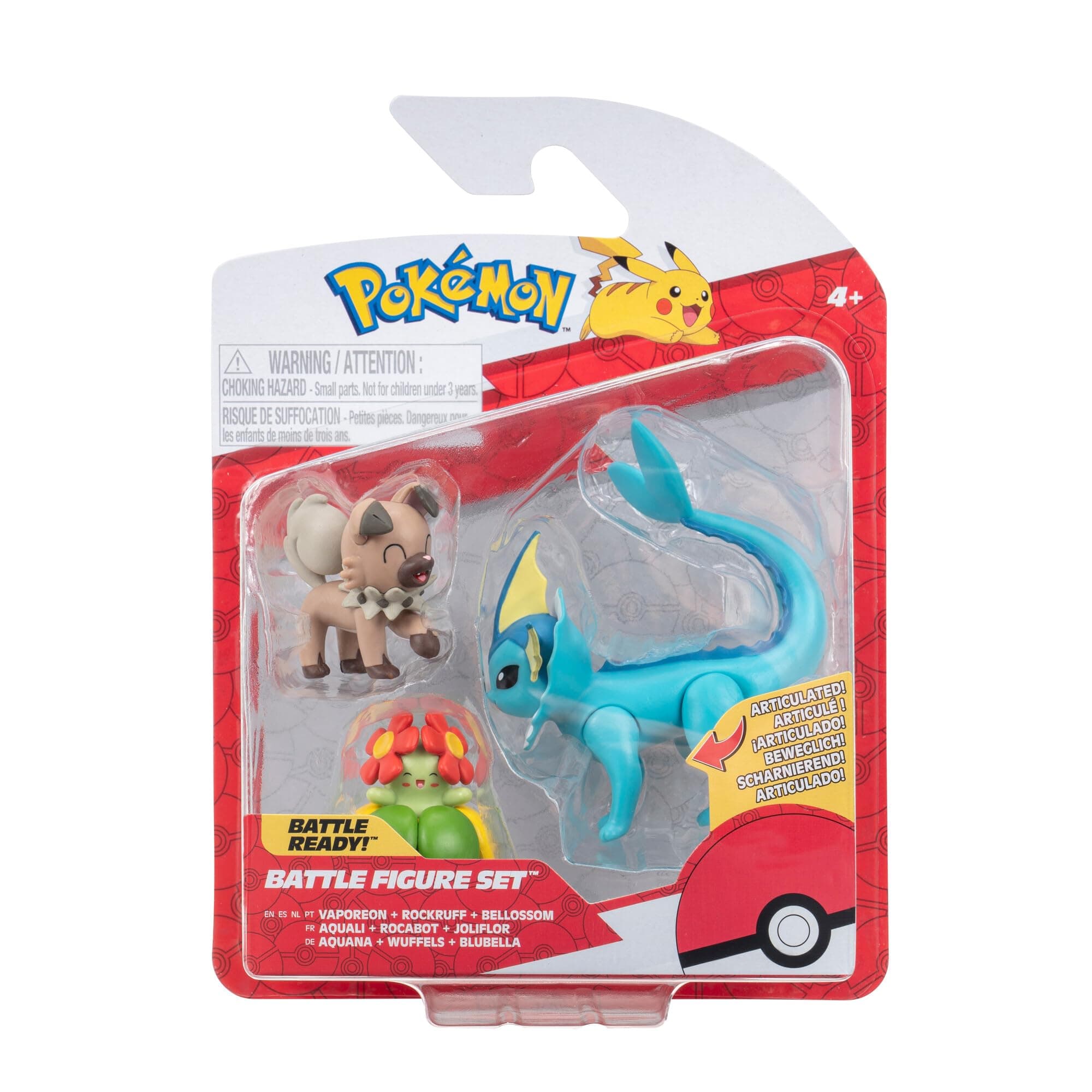 3 Pack-Features 2-Inch Rockruff and Bellossom and 3-Inch Vaporeon Battle Figures