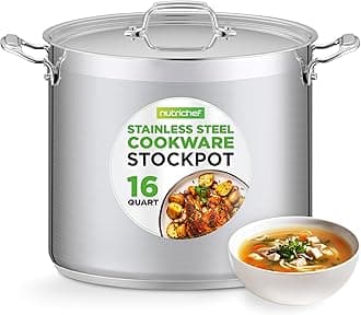 NutriChef 16-Quart Stainless Steel Stockpot - 18/8 Food Grade Heavy Duty Large Stock Pot for Stew, Simmering, Soup, Includes Lid, Dishwasher Safe, Works w/Induction, Ceramic & Halogen Cooktops