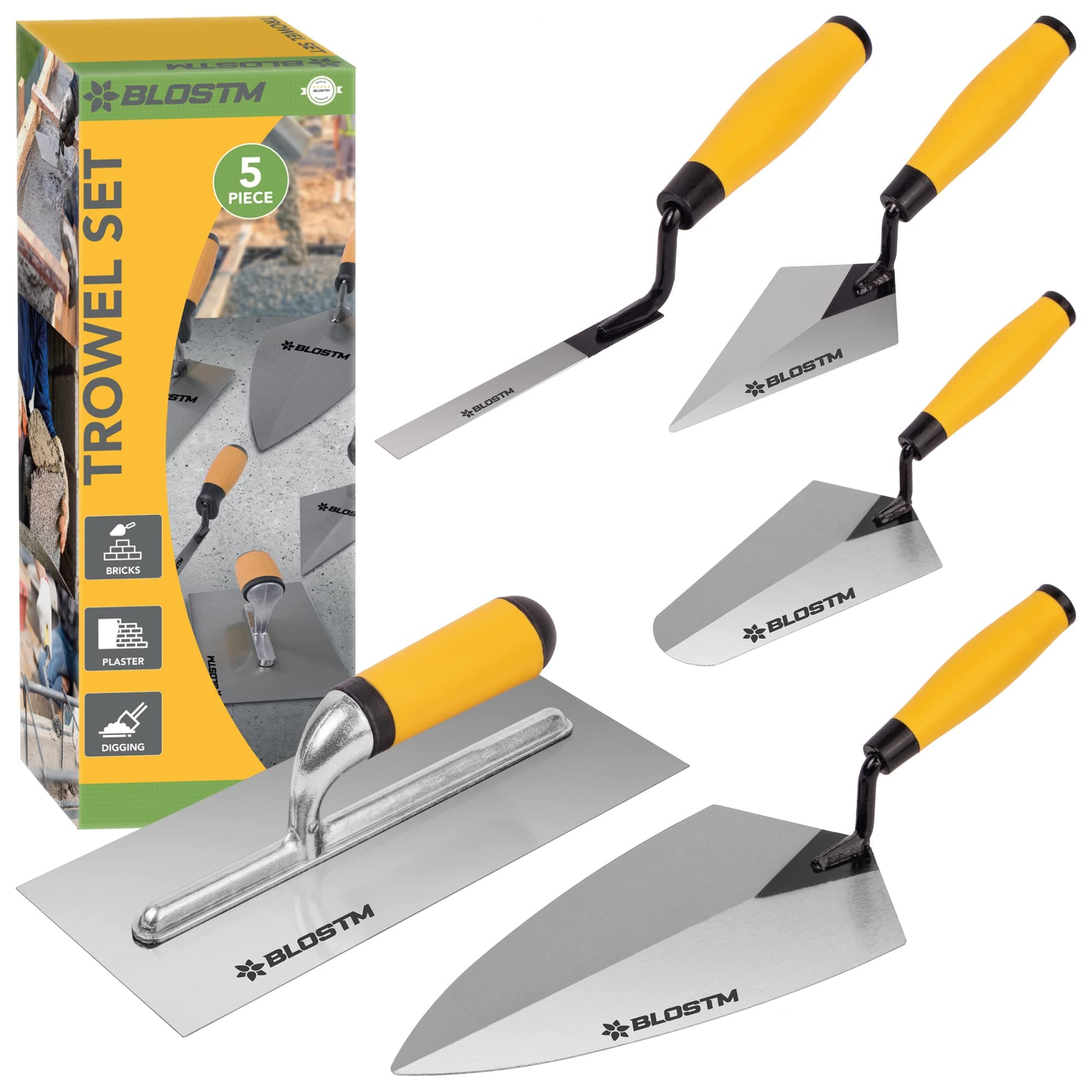 Trowel Set 5 Piece - Brick Jointer, Pointing Tool, Gauging Trowel, Plastering Trowel - Made of Durable Carbon Steel - Builders Bricklaying Tools with Soft Grip Handles (5 PCS)