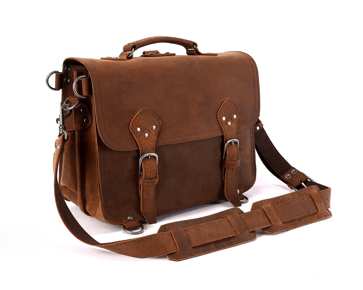 LederMann Leather Two Compartment Briefcase/Mens Backpack/Messenger Bag/Satchel