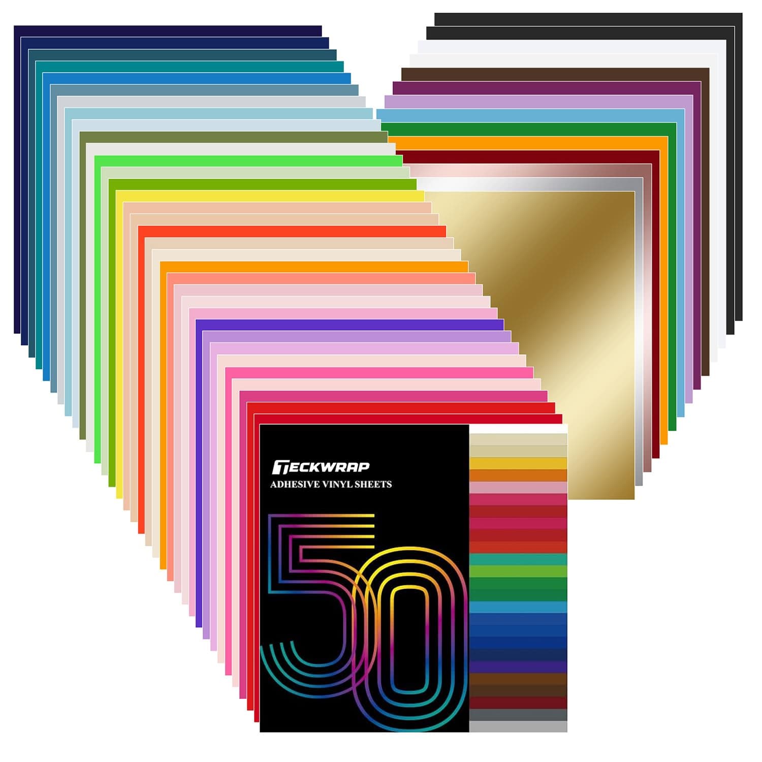 TECKWRAP 50 Pack 12" x 12" Permanent Adhesive Vinyl Sheets 48 Assorted Colors (Glossy & Matte) with 2 Transfer Tape for DIY Crafting, Decor Sticker Compatible with Cutting Machines