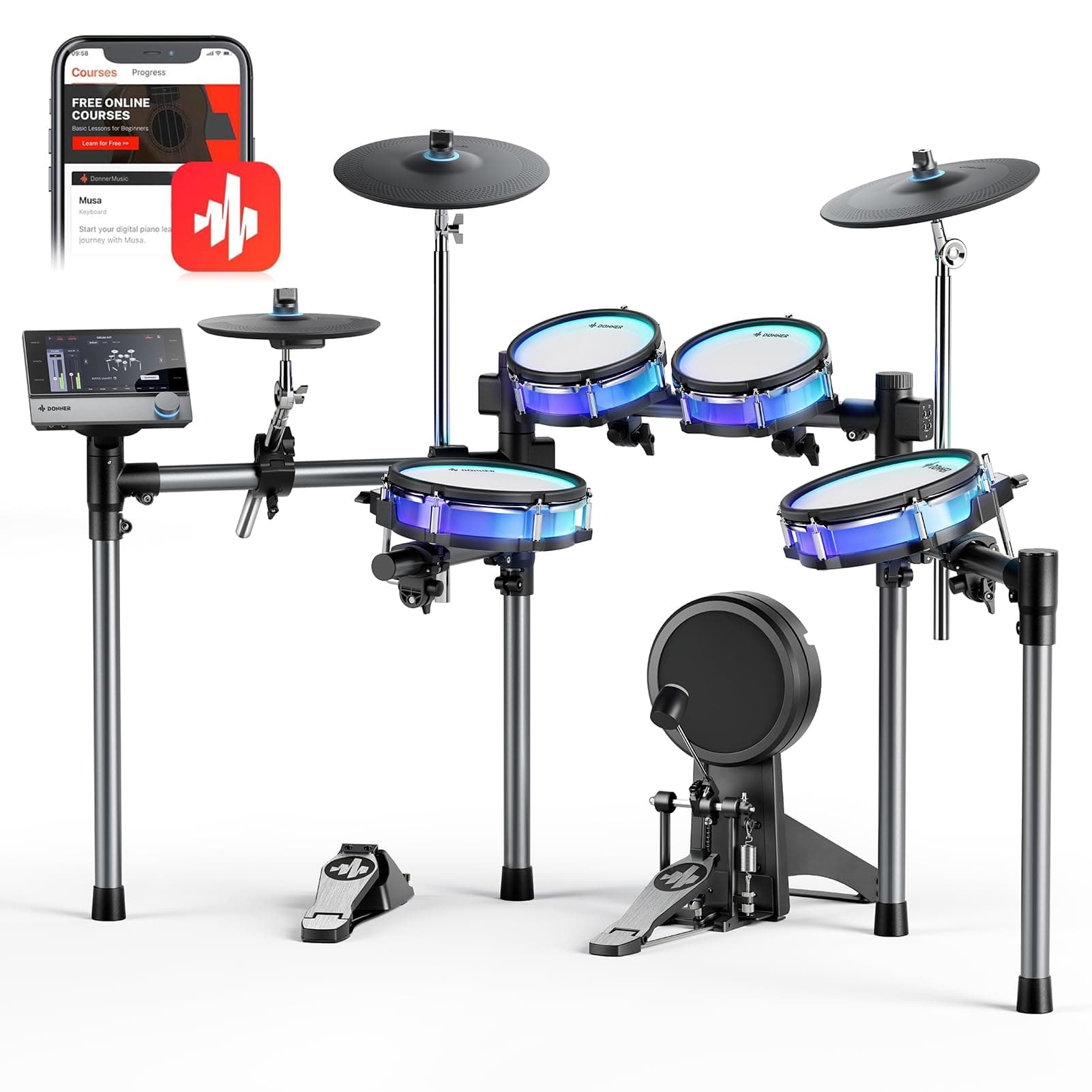 Electric Drum Set with Lights and Touchscreen, Advanced Elctronic Drum Kit with 1126 Sounds, Customize Drum Pad Colors, Internal Rack Wiring, Gaming APP - BackBeat