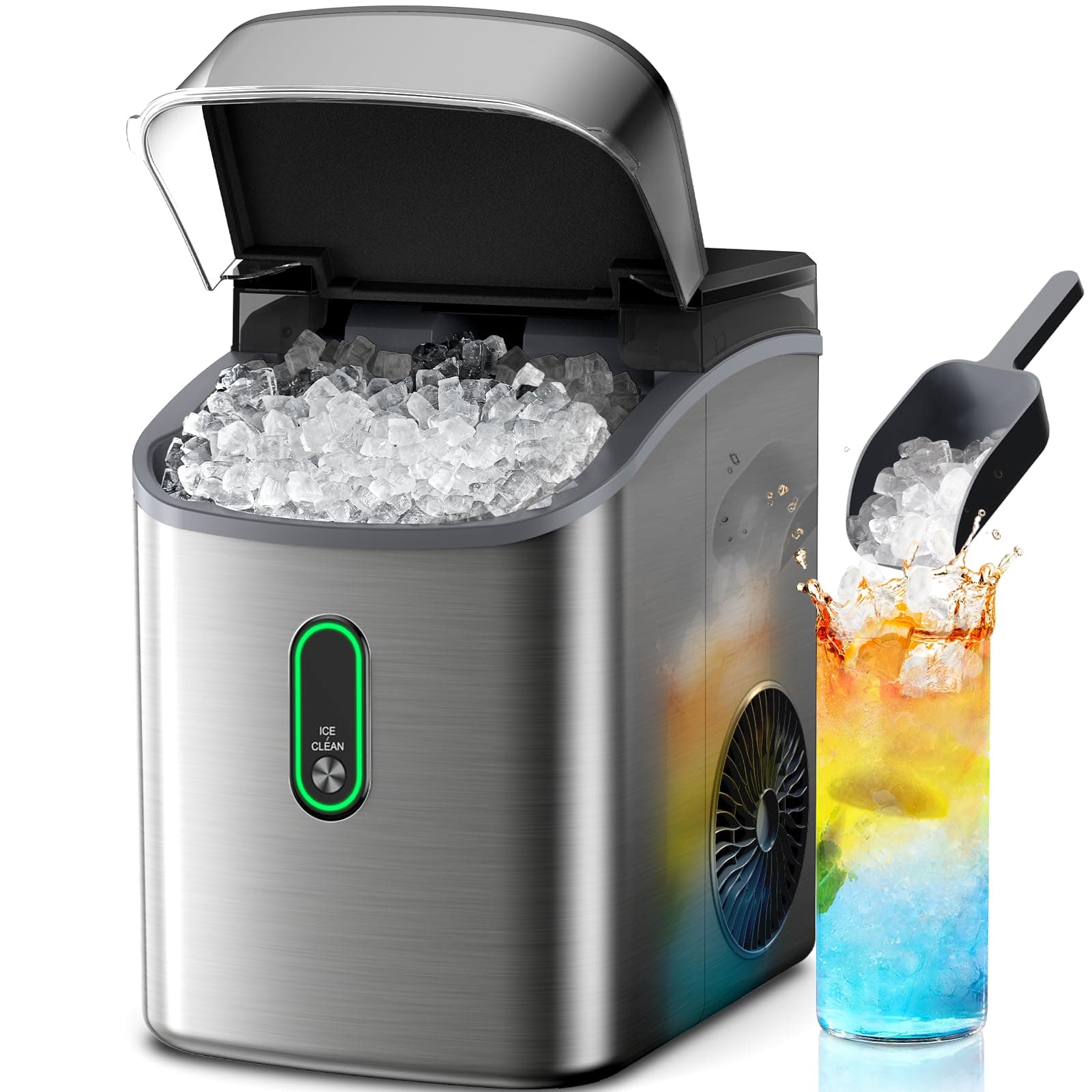 Silonn Nugget Ice Maker Countertop, Pebble Ice Maker with Soft Chewable Ice, One-Click Operation Ice Machine with Self-Cleaning, 33lbs/24H, Stainless Steel