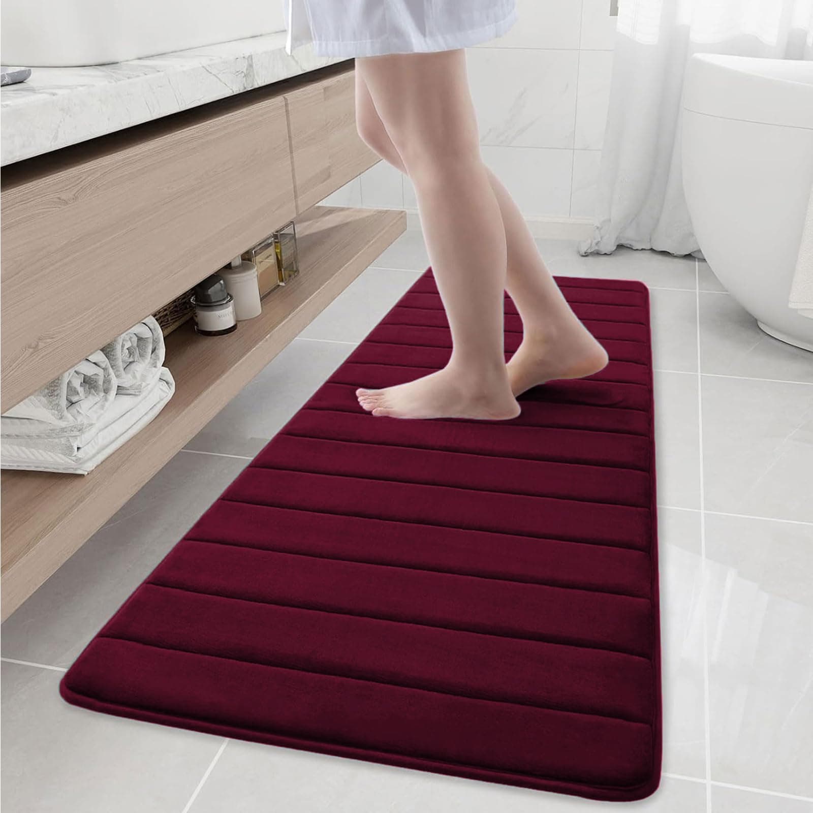 Buganda Memory Foam Bath Mat Rug, 59" x 20", Ultra Soft and Non-Slip Bathroom Rugs, Water Absorbent and Machine Washable Bath Rug Runner for Bathroom, Shower, and Tub, Burgundy
