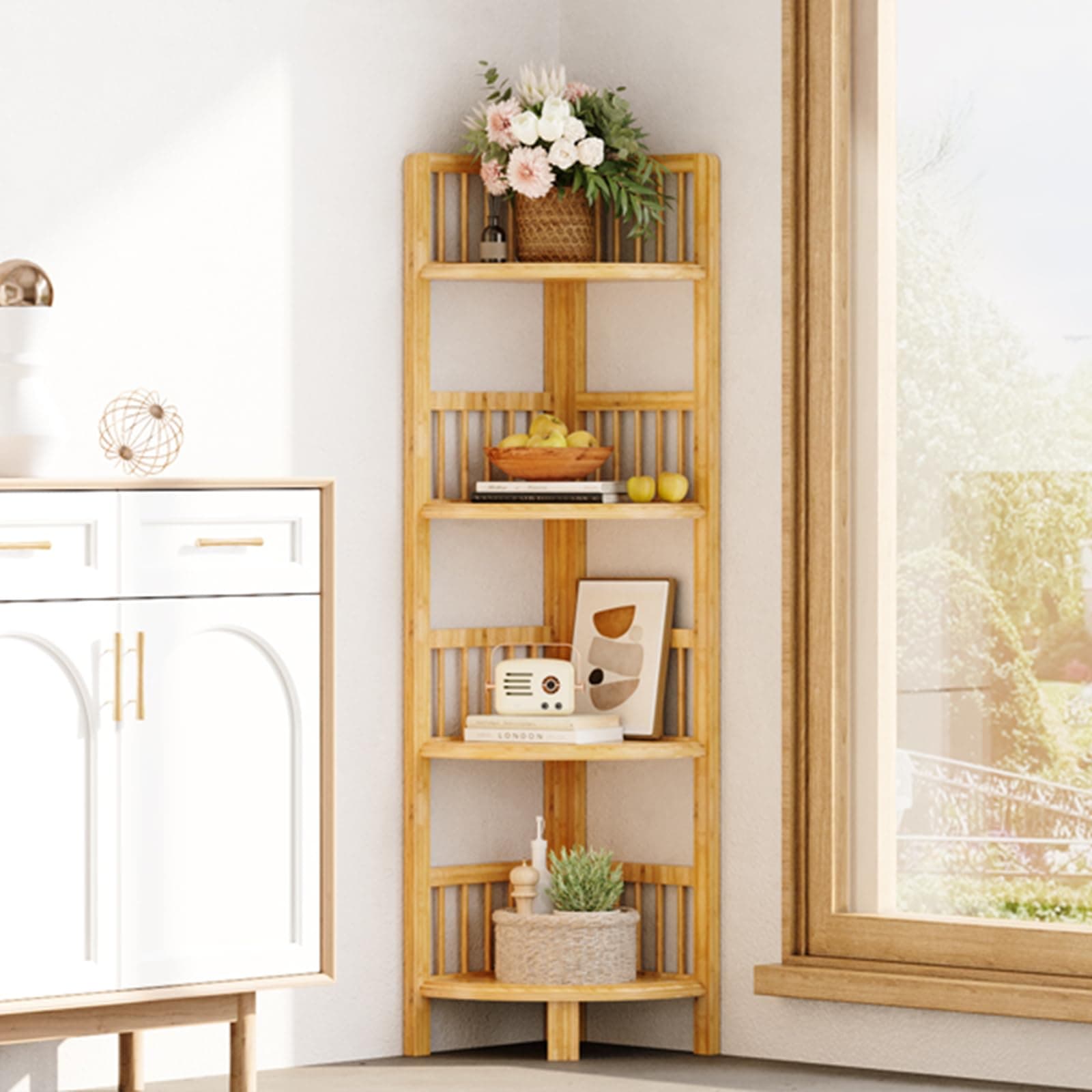 Dripex 4 Tier Bamboo Corner Shelf, Narrow Bookshelf for Small Space, Floor Standing Storage Display Rack for Living Room, Bedroom, Home or Office