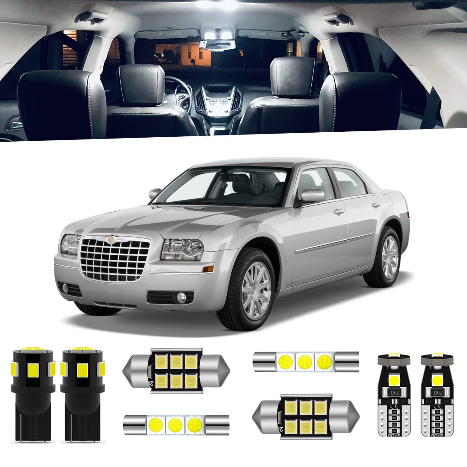 12-Pieces White LED Interior Lights Kit for Chrysler 300 300C 2005 2006 2007 2008 2009 2010 Interior 6000K LED Lighting Package + License Plate Lights, Install Tool