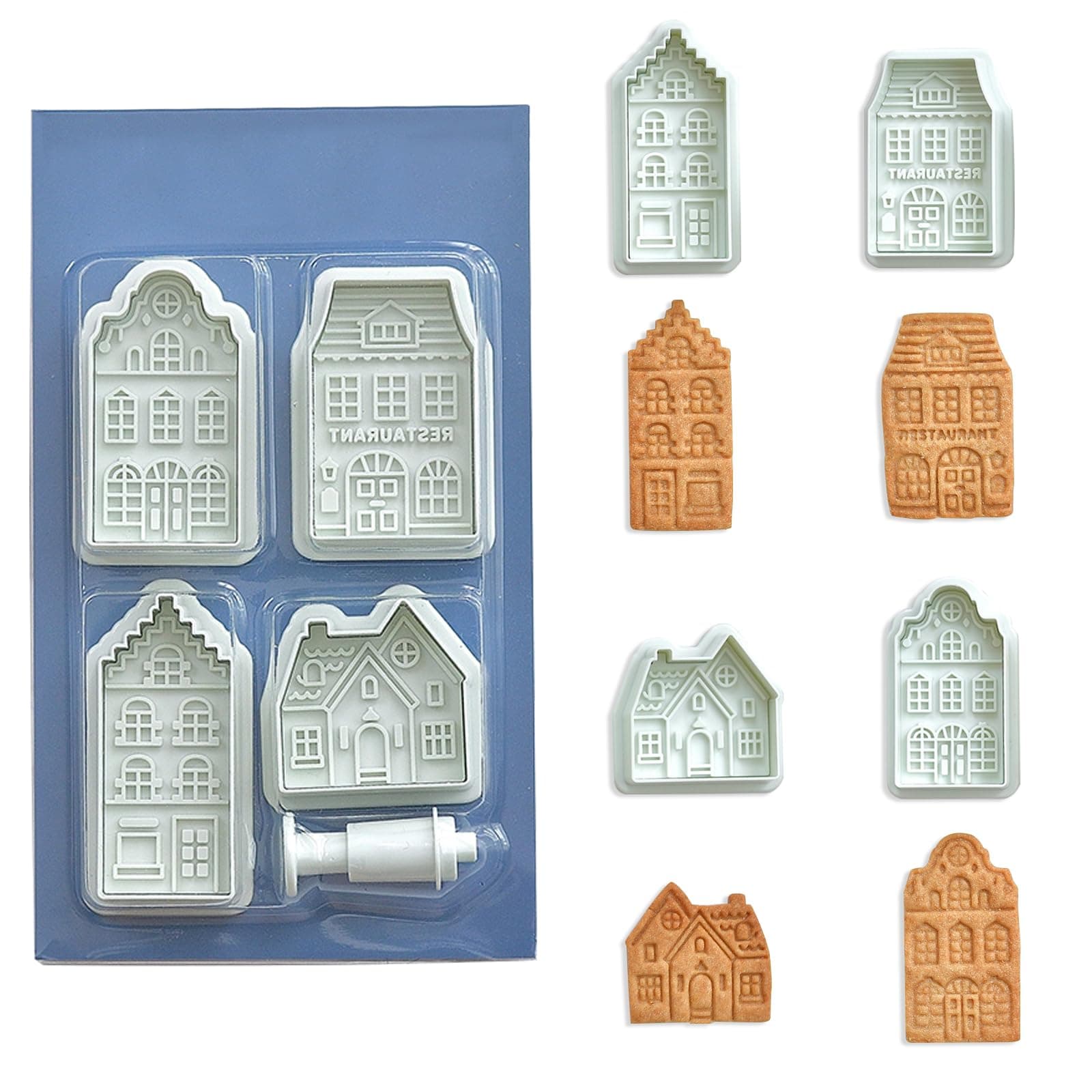 Tiny Gingerbread House Cookie Cutters, Real Estate Cookie Cutters with Split Spring Pusher, House Biscuit Mold for DIY Chirstmas Day Holiday Party Decorations - Set of 4
