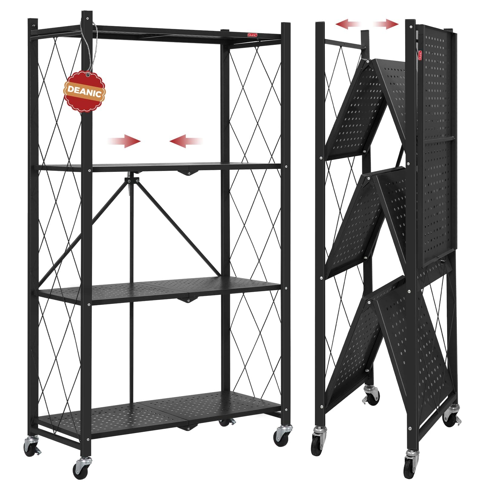 DEANIC 4 Tier Foldable Storage Shelves with Wheels, No Assembly Organizer Rack for Garage Kitchen, Basement, Pantry,Perfect for Craft Shows & Vendor Events(Black)