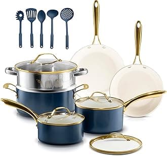 15 Pc Ceramic Pots and Pans Set Non Stick, Kitchen Cookware Sets, Pot and Pan Set, Ceramic Cookware Set, Non Toxic Cookware Set, Non Stick Pots and Pan Set, Dishwasher Safe - Navy