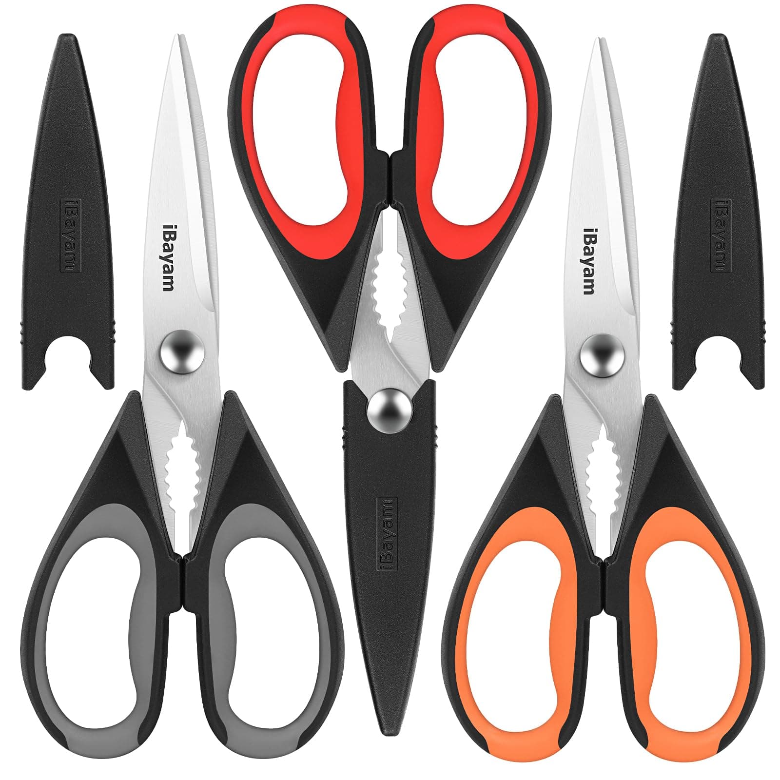 iBayam 3-Pack 8.5"Kitchen Scissors All Purpose Heavy Duty with Protective Sheath, Soft Grip Comfort Handle, Dishwasher Safe Kitchen Utensils Gadgets Set, Stainless Cooking Meat Poultry Food Shears