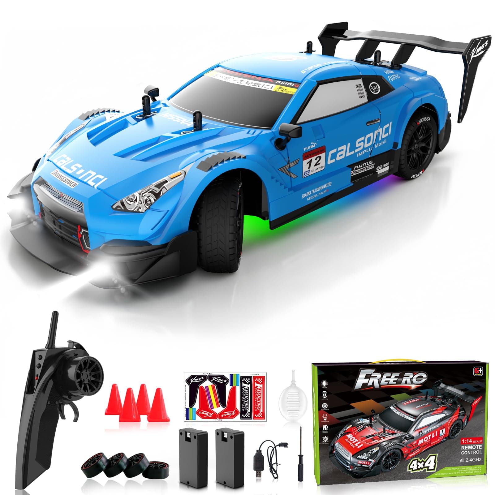 Remote Control Car RC Drift Car 1:16 Scale 4WD RC Vehicle with LED Lights 2.4GHz 30km/h RTR High Speed Racing Sport Toy for Adults Boys Girls Kids Gift 2Pcs Rechargeable Battery