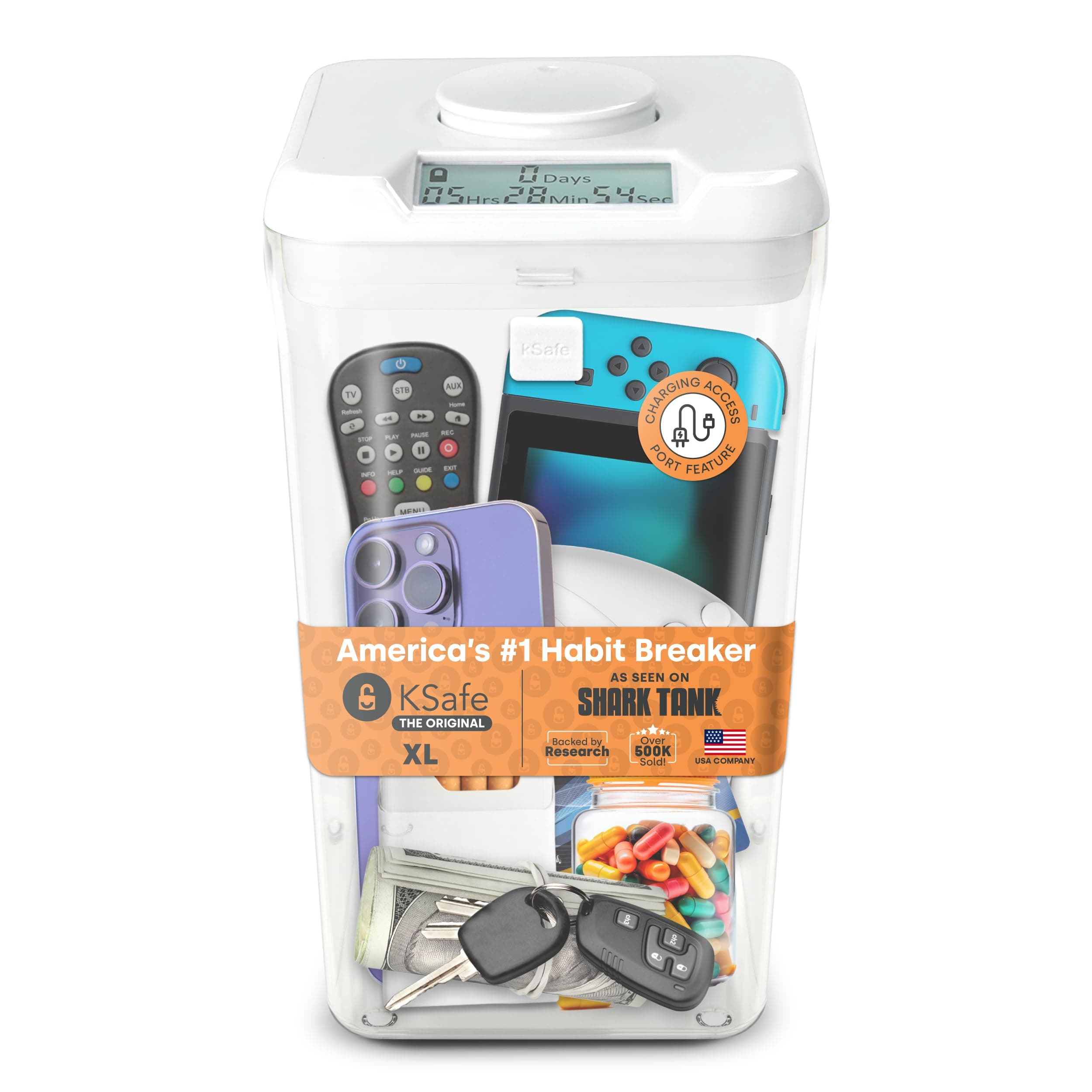 kSafe XL: Time Locking Container to limit drinking and other vices. 10.4" inside height. (White Lid + XL Clear Base)