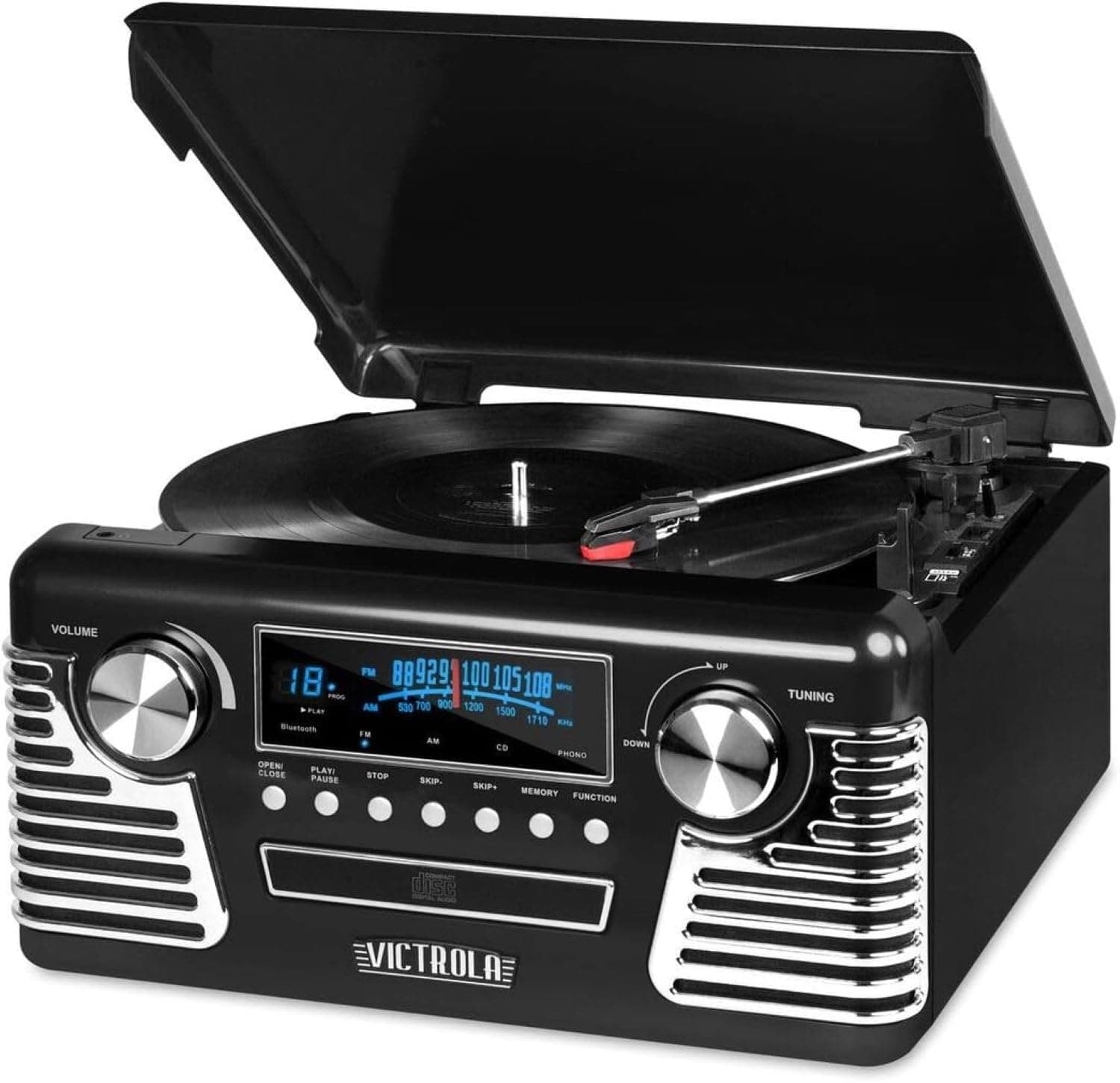 Haley Retro Bluetooth Record Player & Multimedia Center with Built-in Speakers - 3-Speed Turntable, CD Player, AM/FM Radio, 3.5mm Aux-In, Wireless Music Streaming, Black